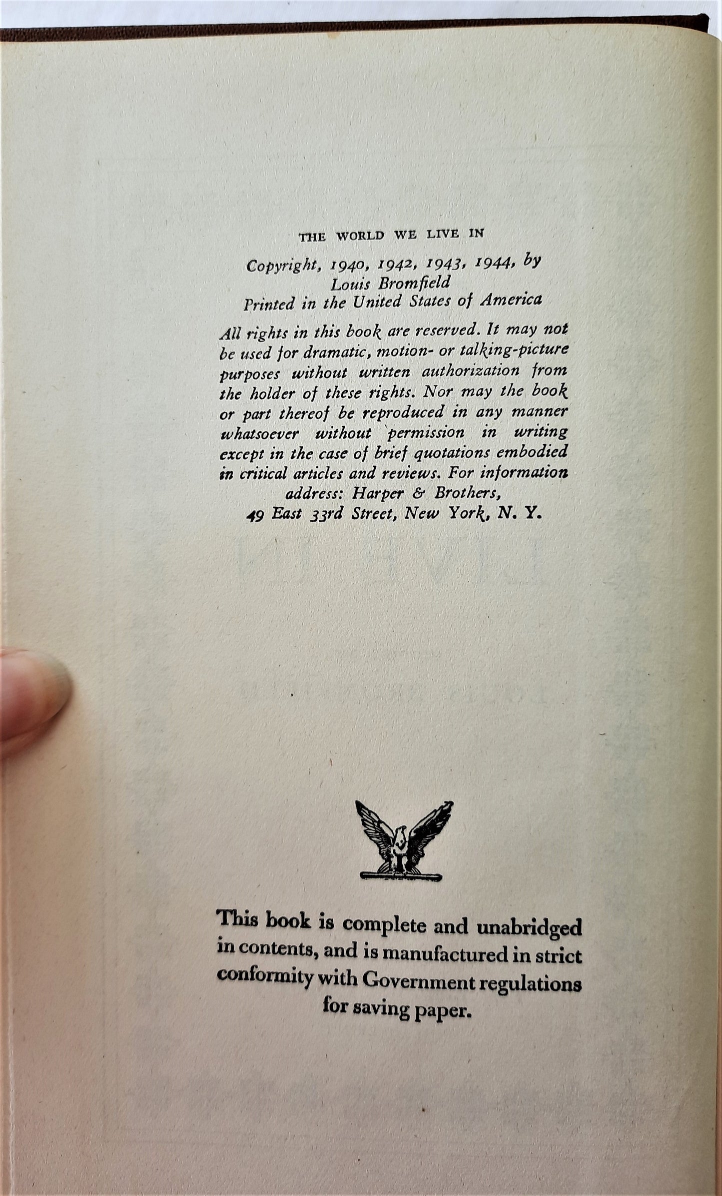 The World We Live In by Louis Bromfield (Very good, 1944, HC, 339 pages, Blakiston Co.)