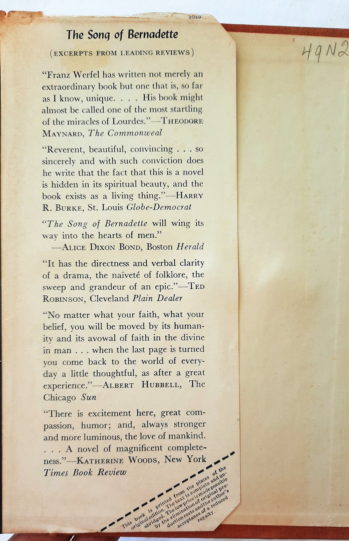 The Song of Bernadette by Franz Werfel (Good, HC, 1944, Sun Dial Press, 404 pages)
