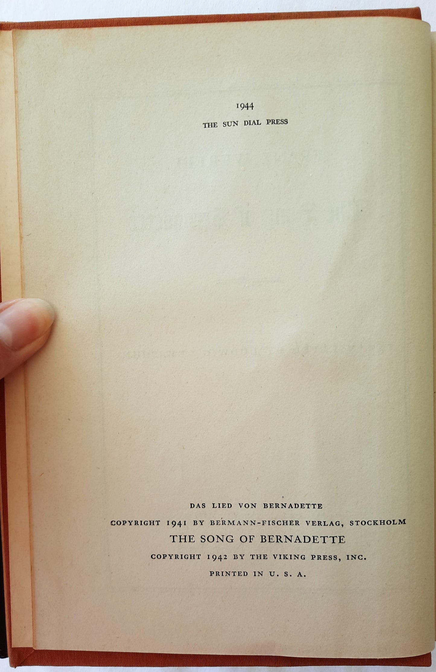 The Song of Bernadette by Franz Werfel (Good, HC, 1944, Sun Dial Press, 404 pages)