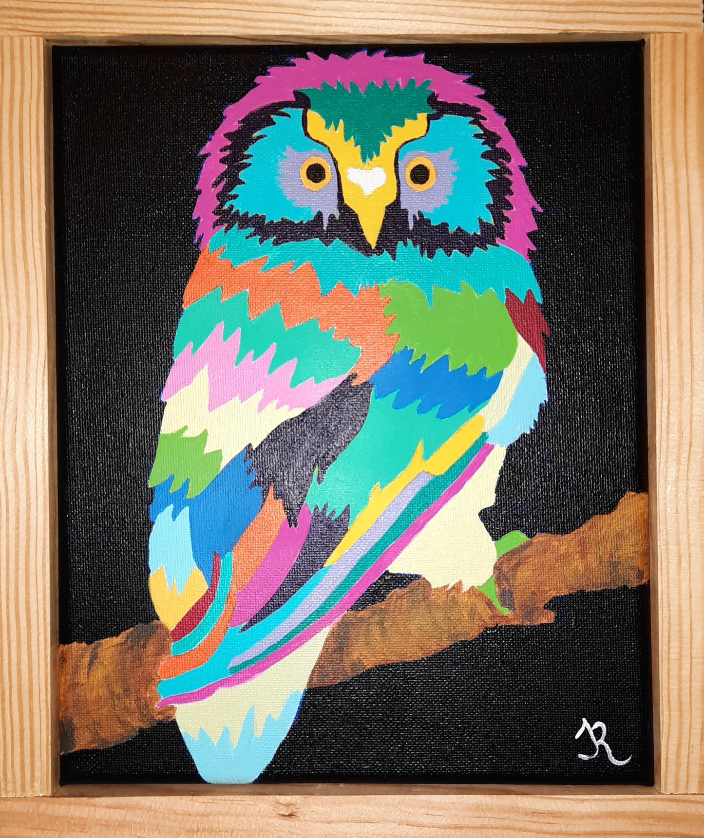 Collectible Acrylic Painting Colorful Owl 8x10 inches, Framed by T.Ray - New