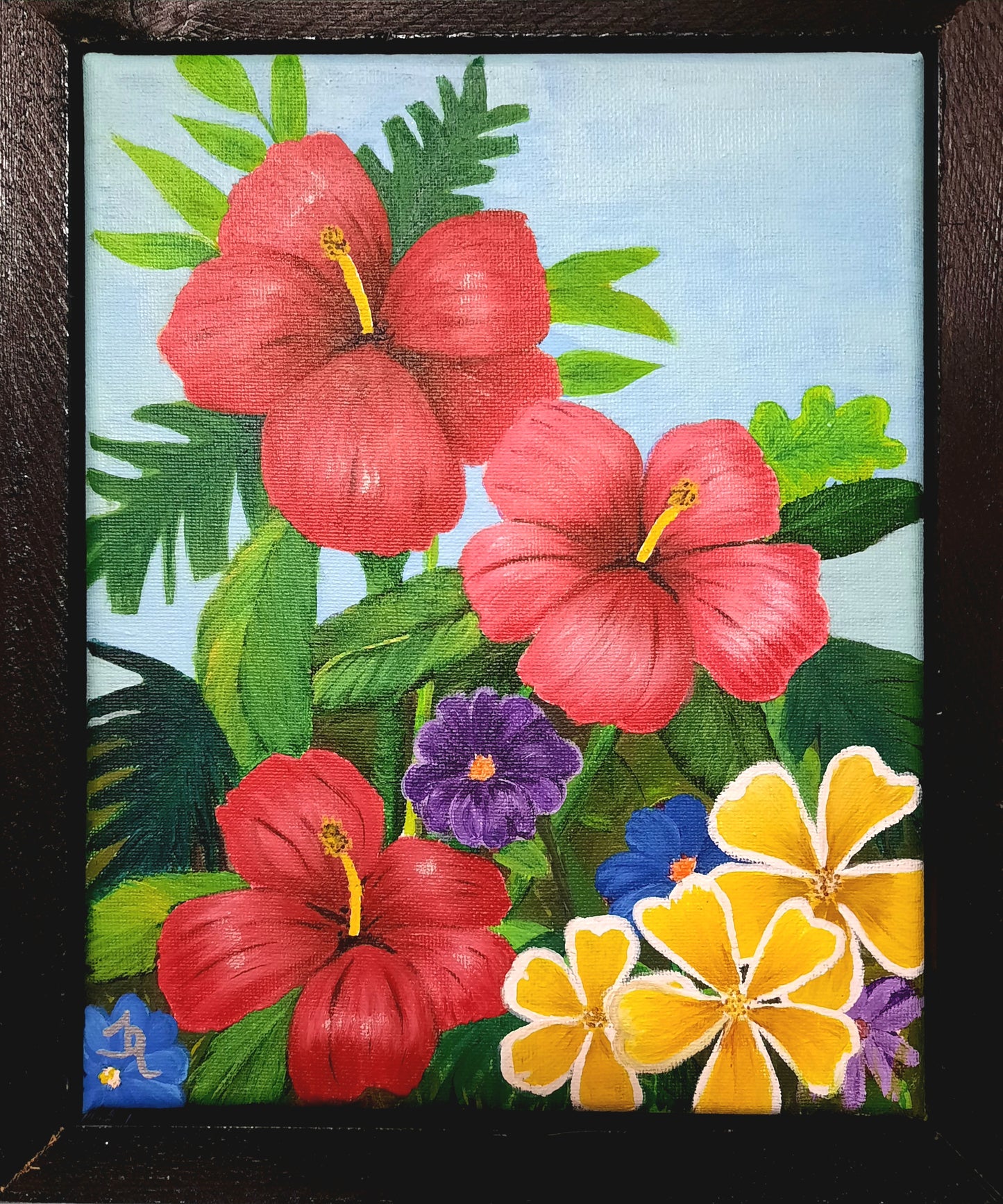 Collectible Acrylic Painting: Hibiscus Flowers by T.Ray (New, 8x10 inch, Stretched Canvas, Framed)
