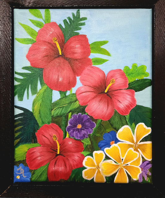 Collectible Acrylic Painting: Hibiscus Flowers by T.Ray (New, 8x10 inch, Stretched Canvas, Framed)