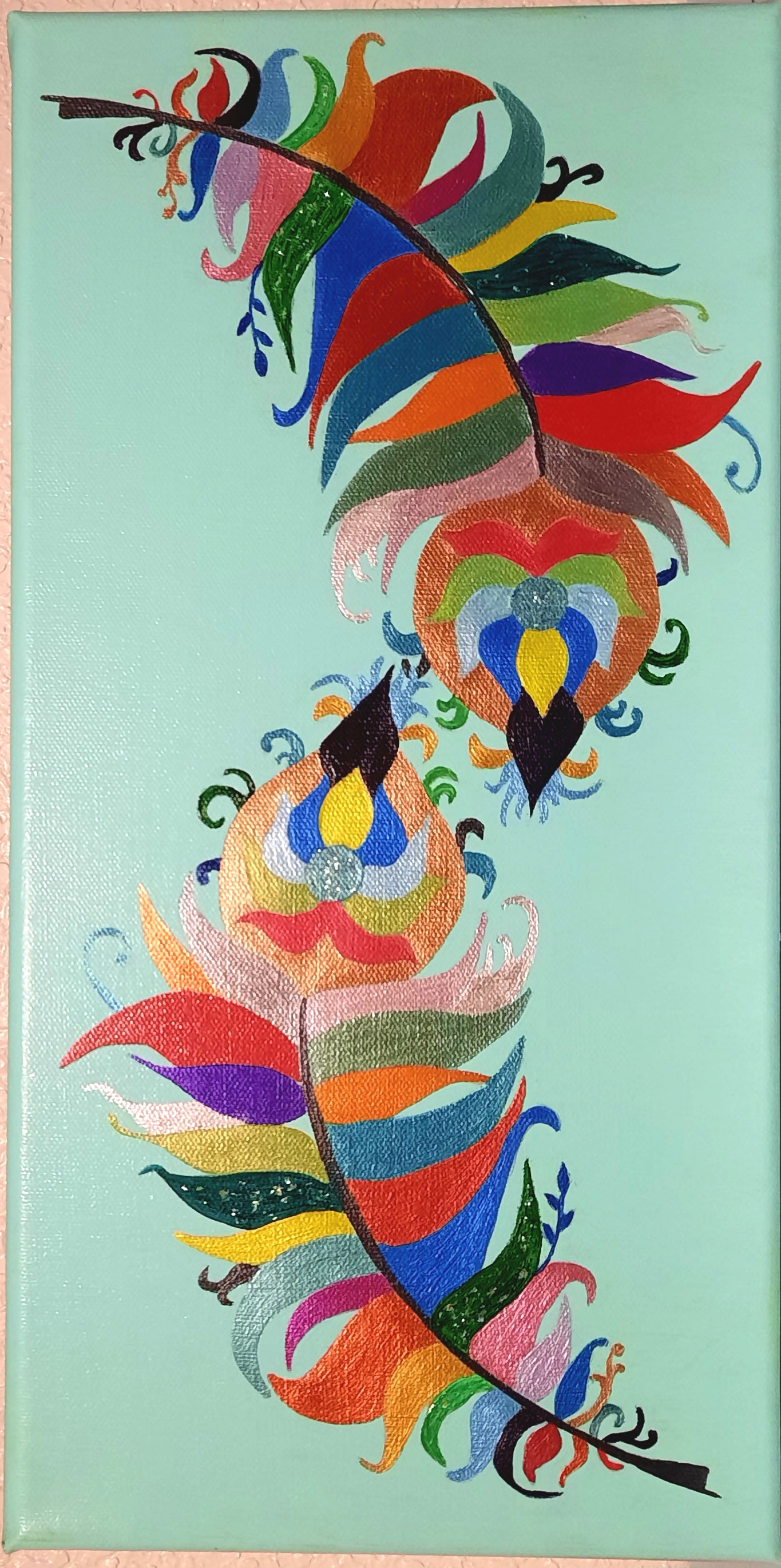 Collectible Acrylic Painting "Peacock Feathers" 8x18 inches by T.Ray - New