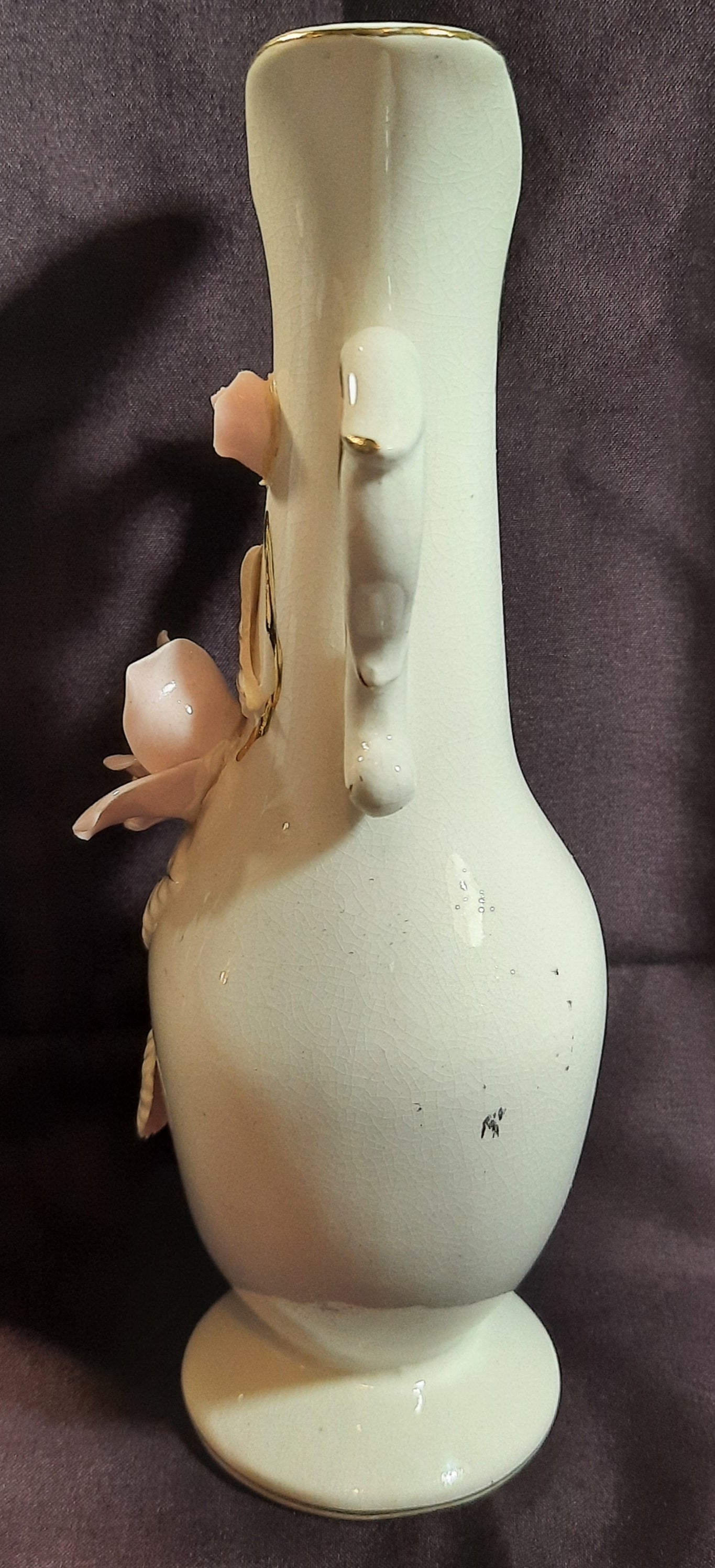 Vintage Bud Vase with 3D Pink Rose and Gold Trim 7 inches - VERY GOOD Condition