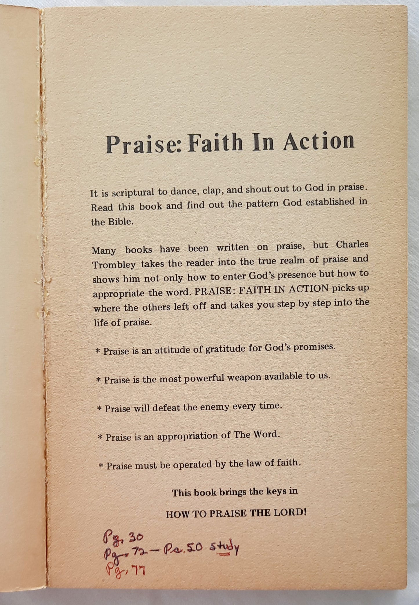 Praise: Faith in Action! by Charles Trombley (Good, 1978, Pbk, 123 pages, Fountain Press)