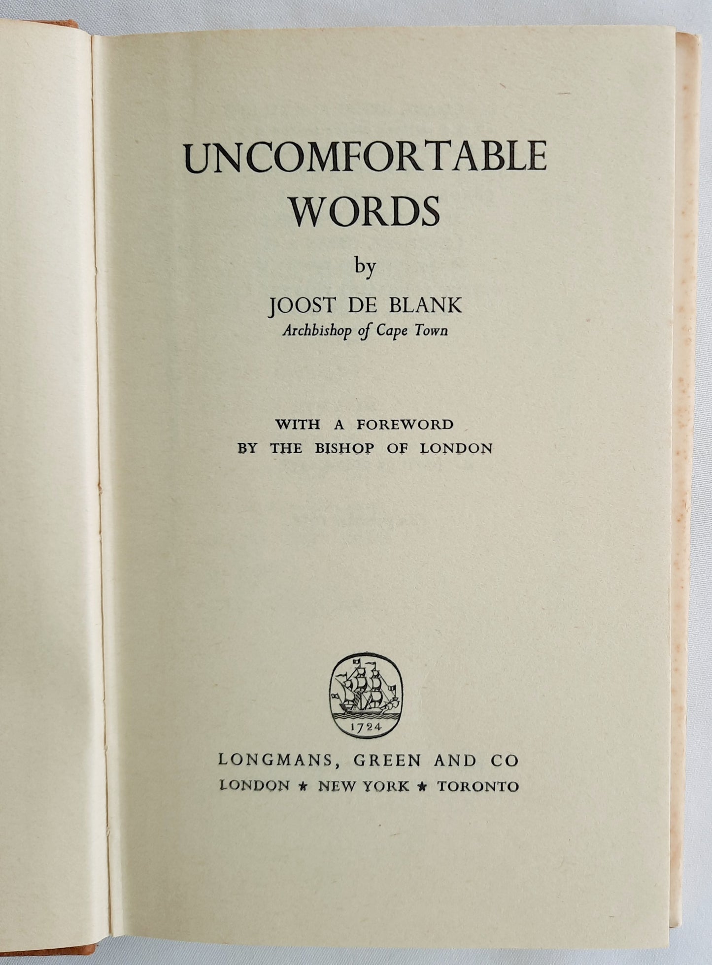Uncomfortable Words by Joost De Blank (Very good, 1958, HC, 120 pages, Longmans)