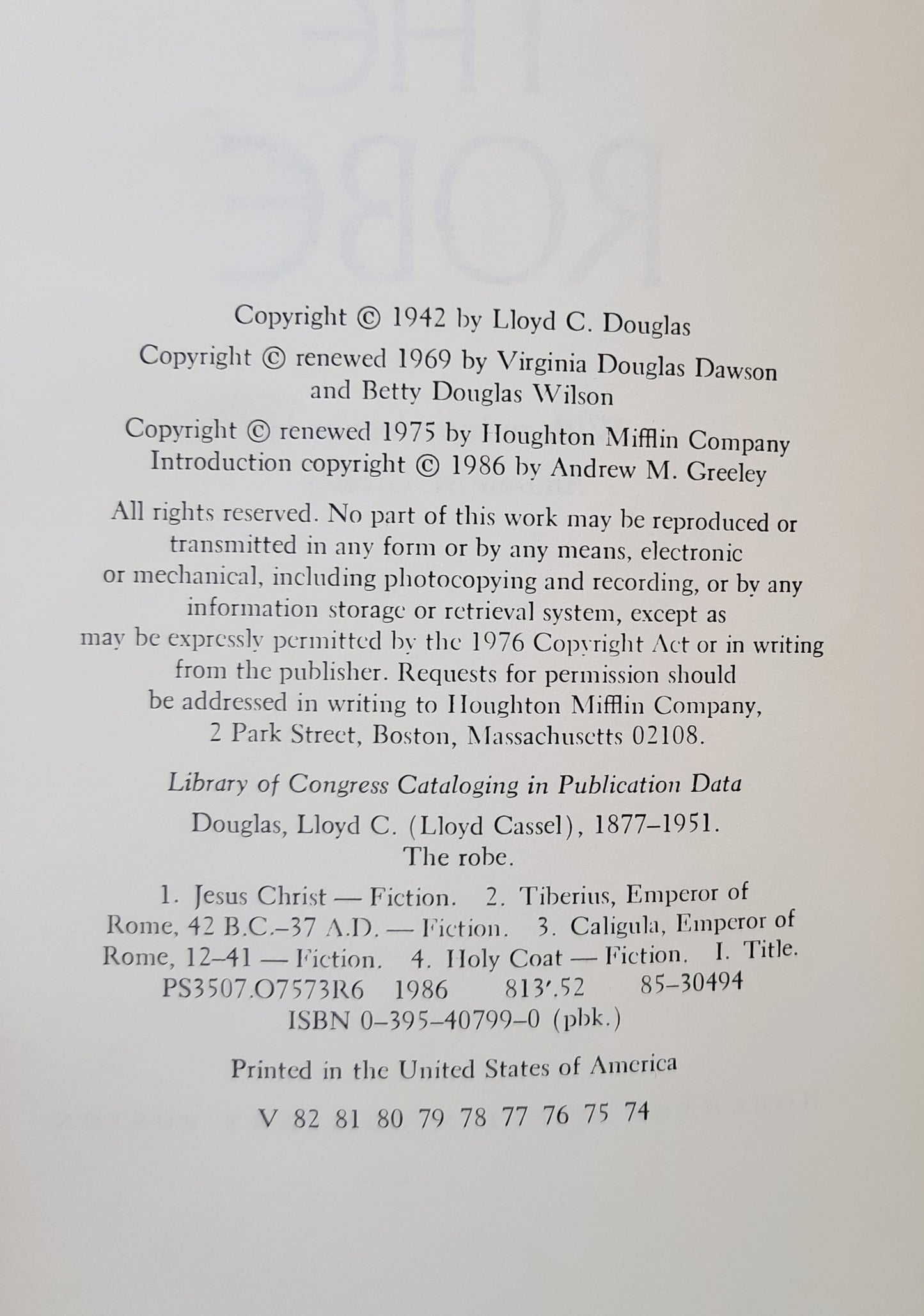 The Robe by Lloyd C. Douglas (Very good, 1986, Pbk, 508 pages, Houghton Mifflin Co.)