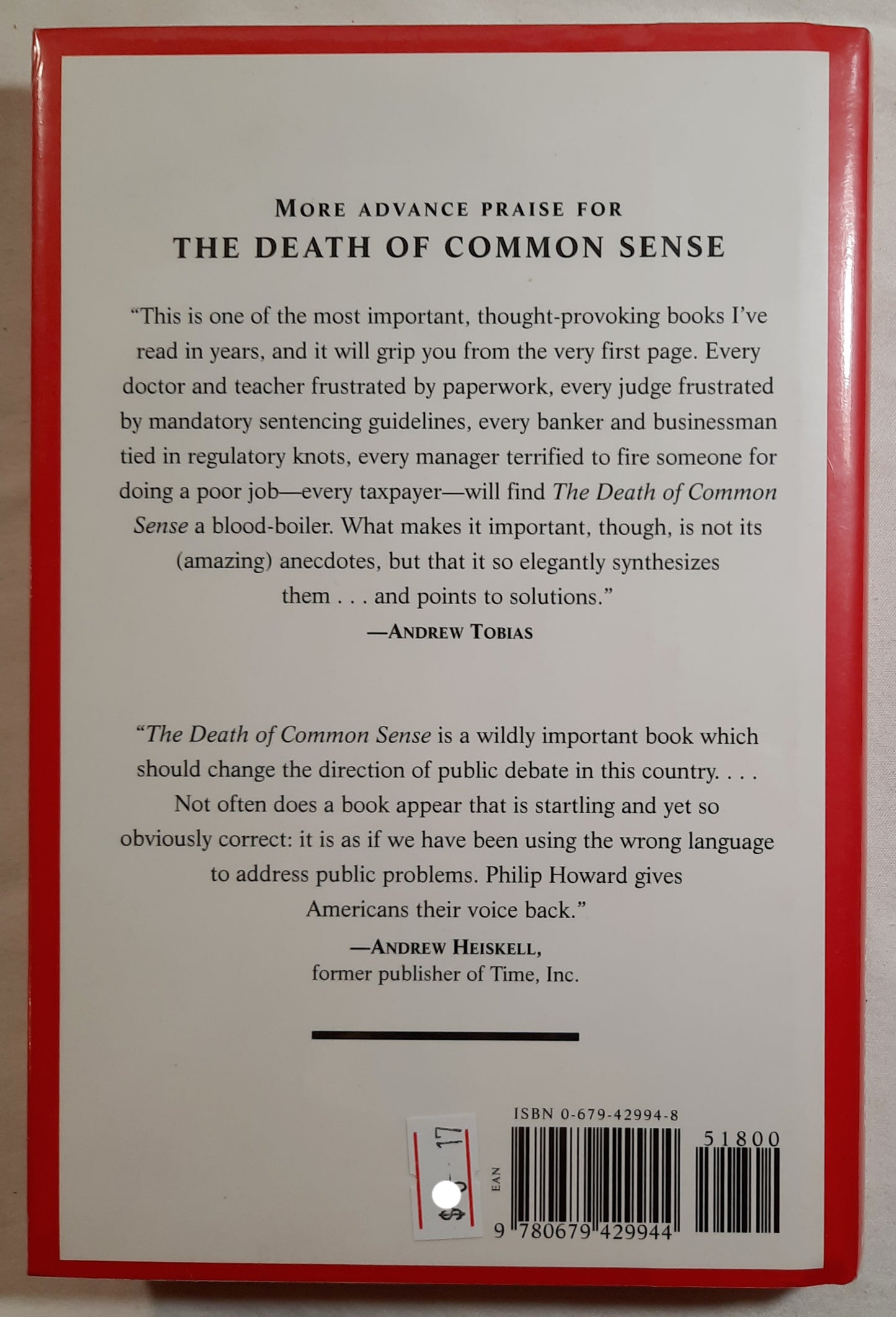 The Death of Common Sense: How Law is Suffocating America by Philip K. Howard (New, 1995, HC, 202 pages, Random House)