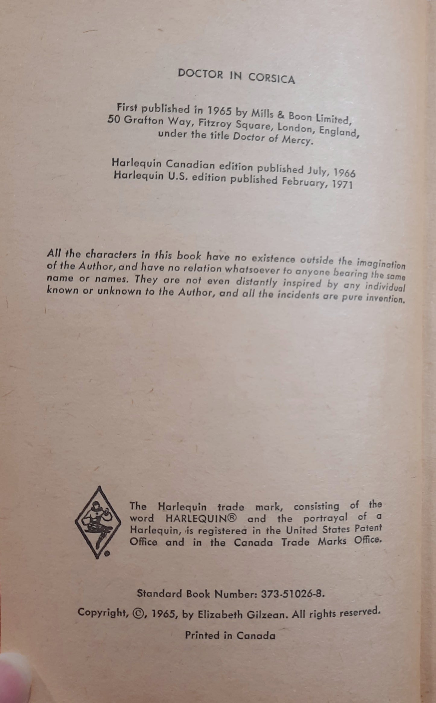 Doctor in Corsica by Elizabeth Gilzean (Good, 1971, Pbk, 190 pages, Harlequin Romance)