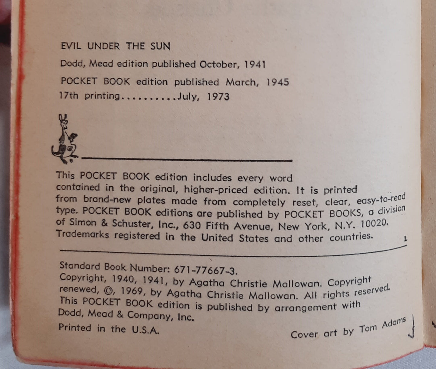 Evil Under the Sun by Agatha Christie (Hercule Poirot, Good, 1973, Pbk, 175 pages, Pocket Books)
