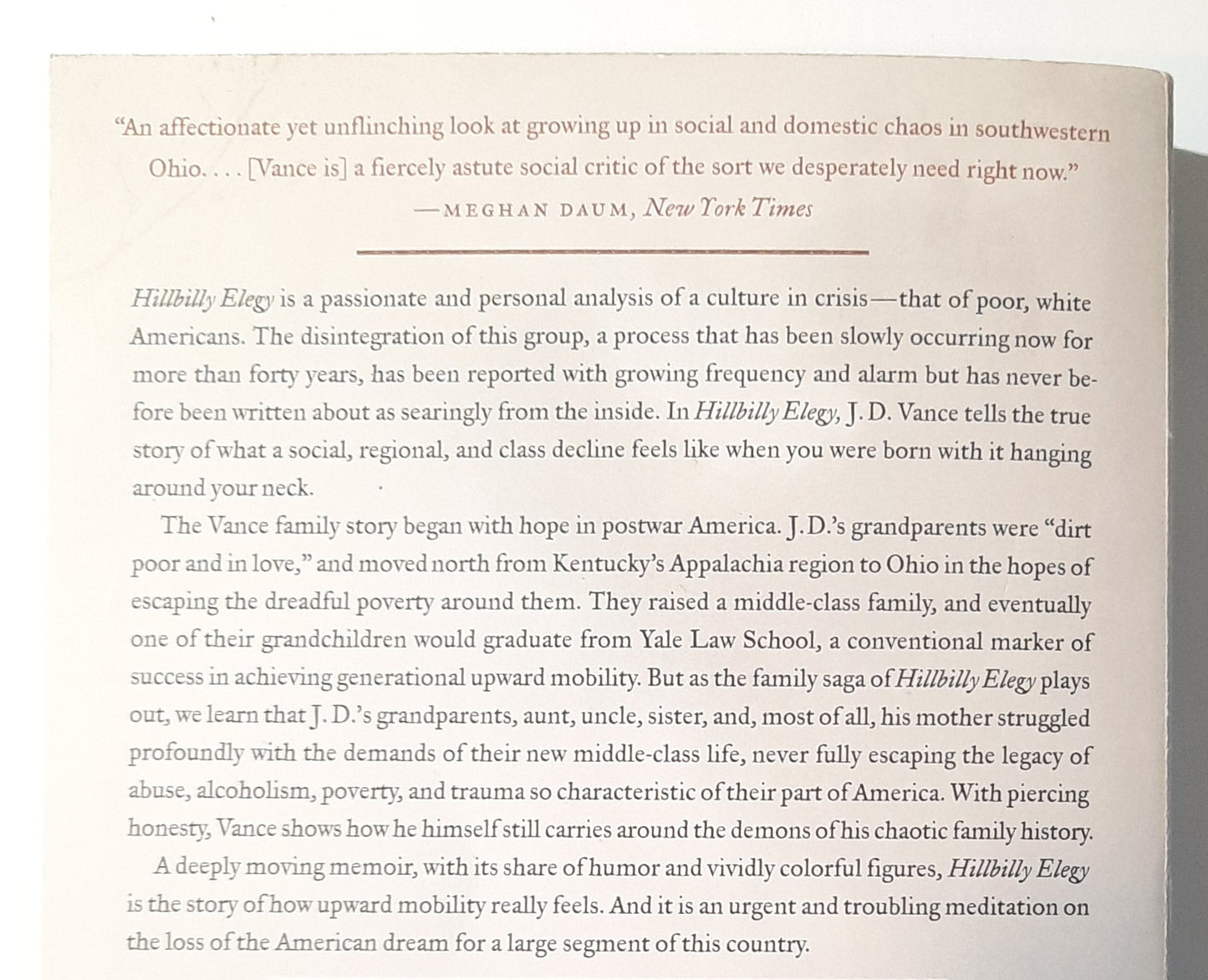 Hillbilly Elegy: A Memoir of a Family and Culture in Crisis by J.D. Vance (Very Good, 2016, PBK, Harper, 272 pages)