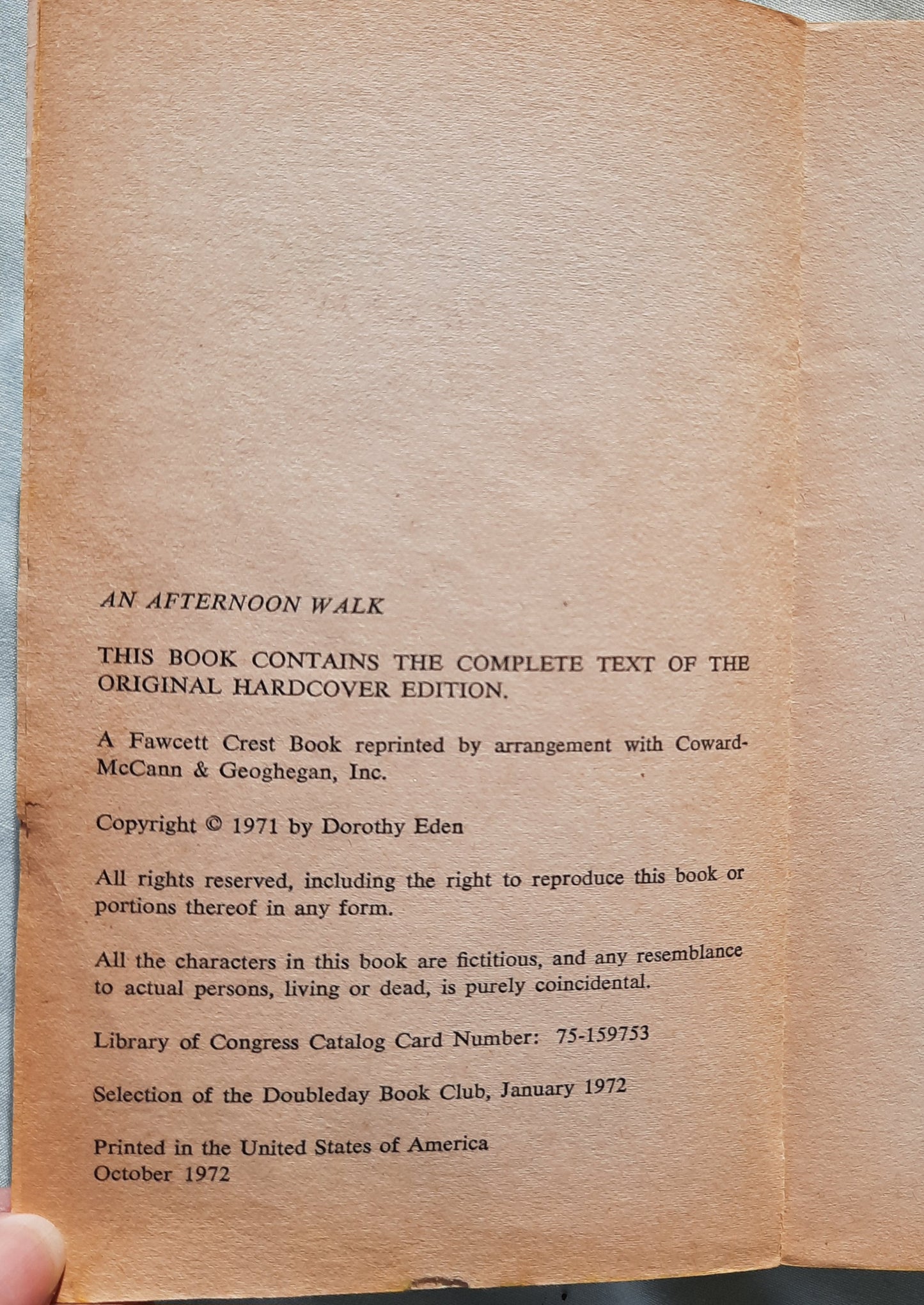 An Afternoon Walk by Dorothy Eden (Good, 1972, Pbk, 224 pages, Fawcett Crest)