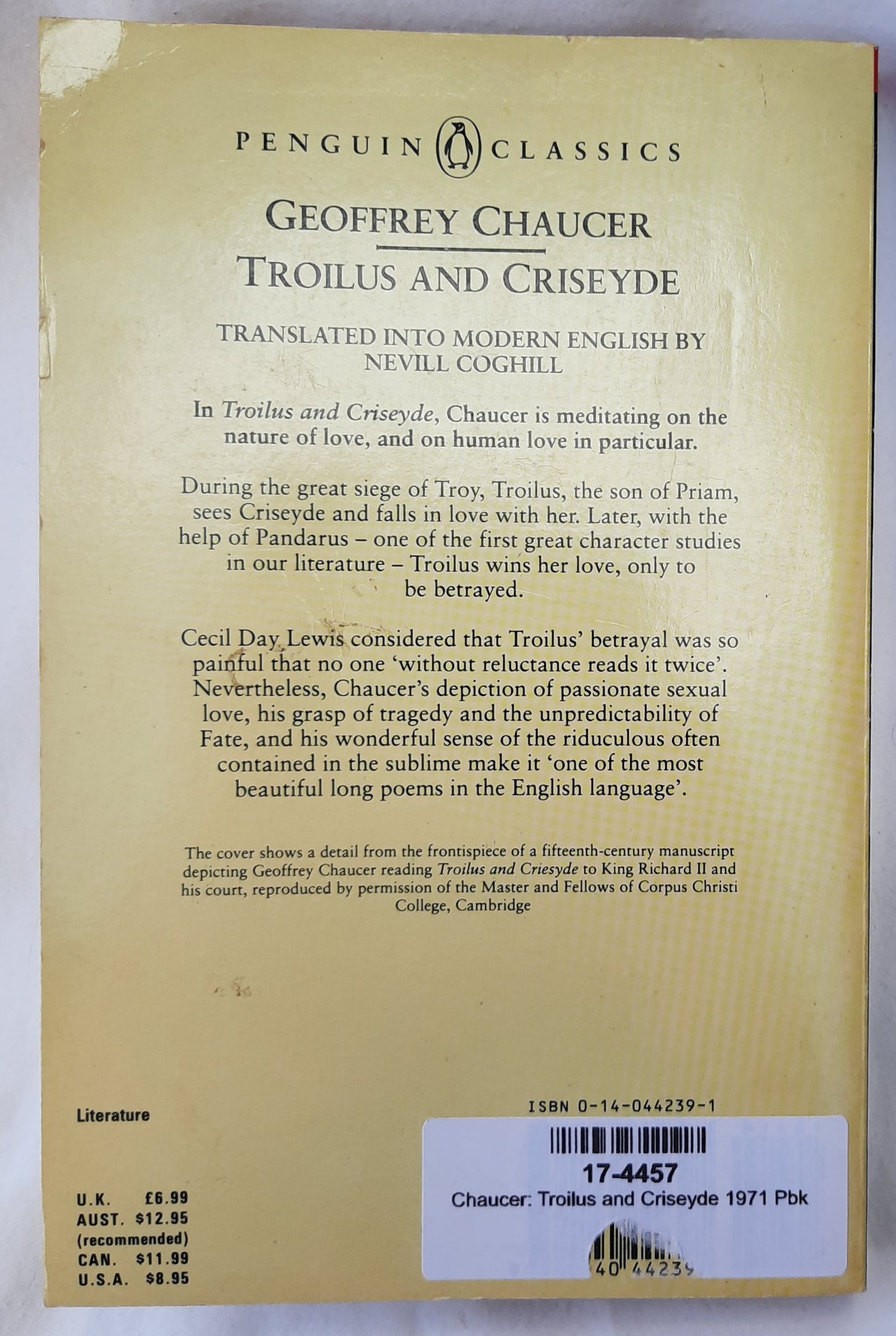 Troilus and Criseyde by Geoffrey Chaucer (Good, 1971, Pbk, 332 pages, Penguin Classics)