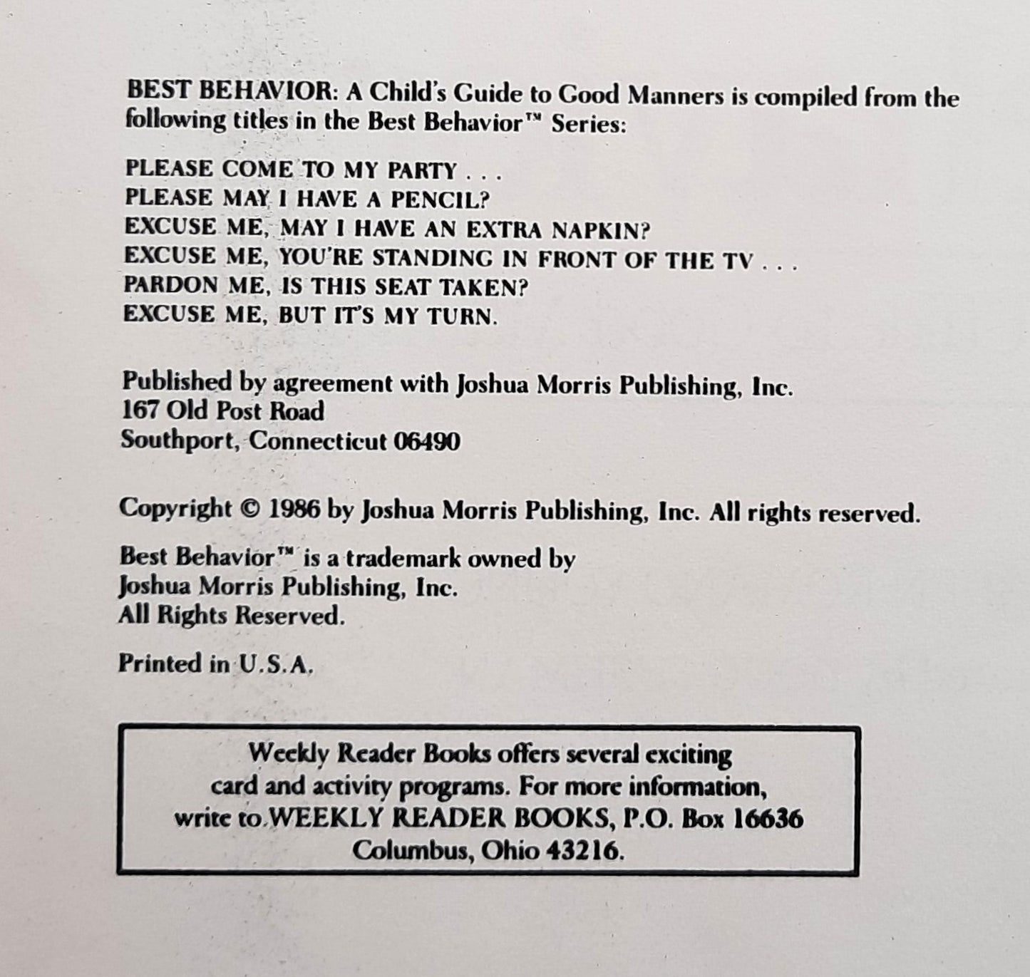 Best Behavior: A Child's Guide to Good Manners by Karen Romano Young (Very Good, 1986, HC, Weekly Reader Books)