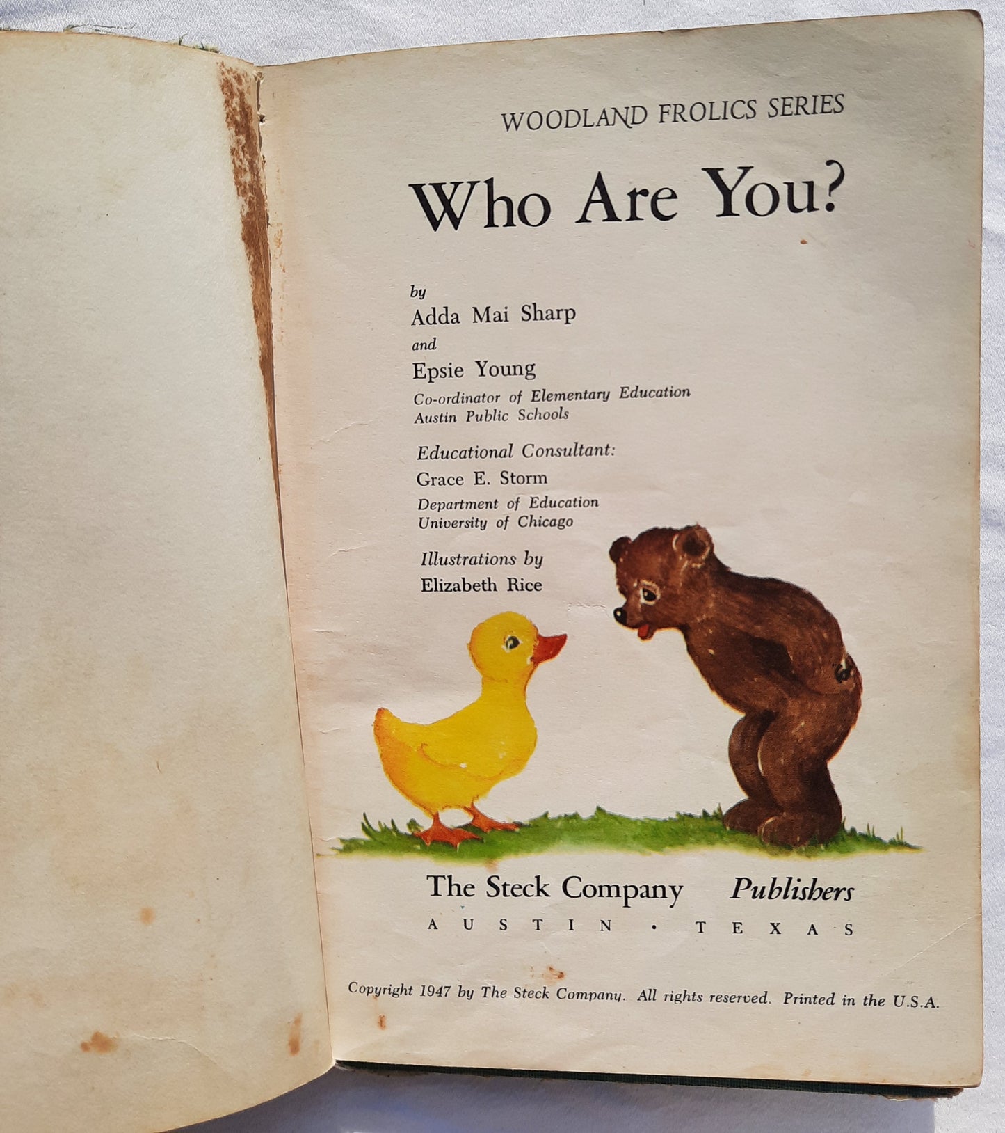 Who Are You? by Adda Mai Sharp; Epsie Young (Woodland Frolics Series: Acceptable, 1947, HC, 48 pages, The Steck Co.)
