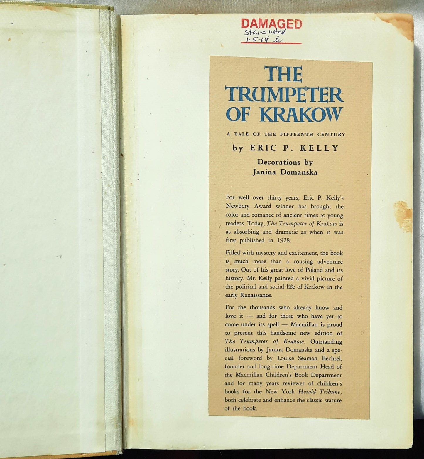 The Trumpeter of Krakow by Eric P. Kelly; Janina Domanska (Good, 1966, HC, 209 pages, MacMillan Company)