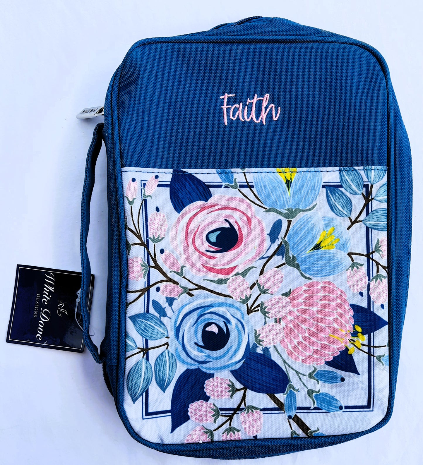 Bible Cover: Faith Blue Floral by White Dove Designs (New, Large 9.75" x 6.5" x 1.75")