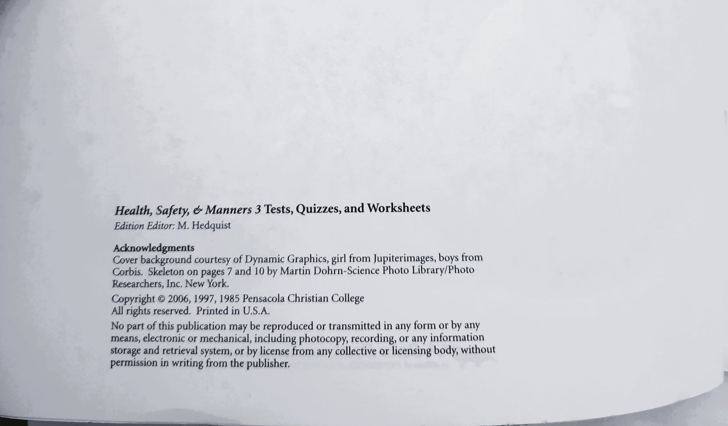 Abeka Health Safety & Manners Third Edition Grade 3 Tests, Quizzes, and Worksheets (Like New, 2006, Pbk, 43 pages, A Beka Book)