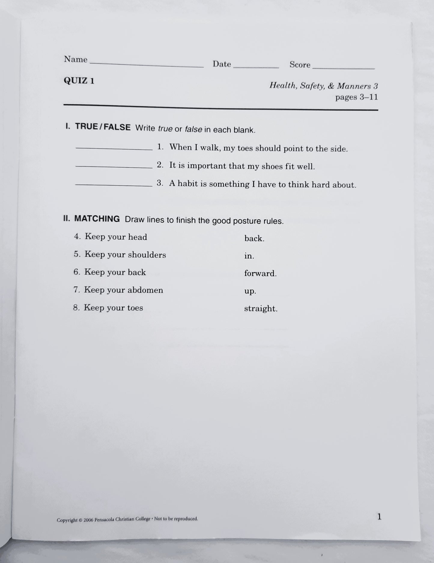 Abeka Health Safety & Manners Third Edition Grade 3 Tests, Quizzes, and Worksheets (Like New, 2006, Pbk, 43 pages, A Beka Book)