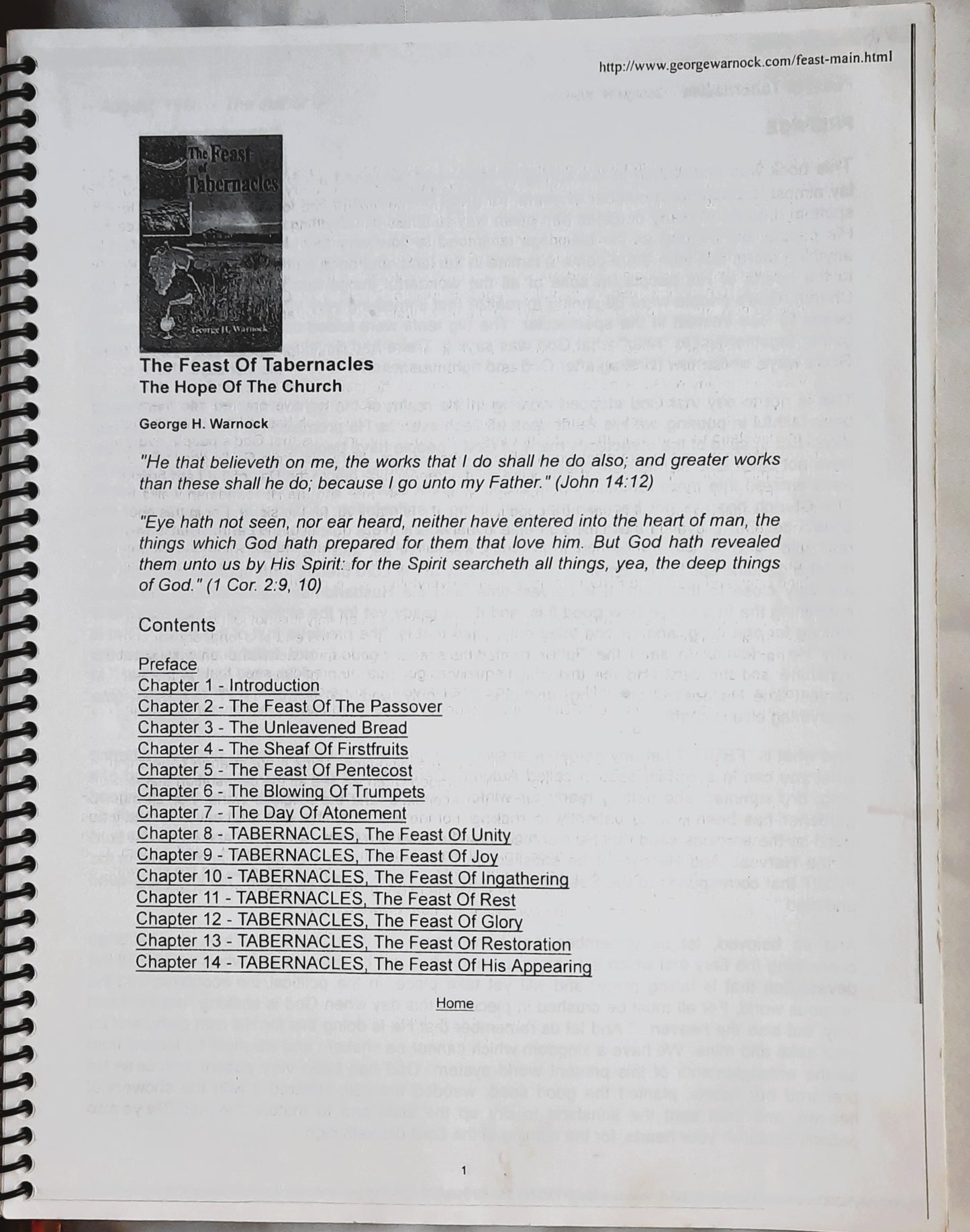 The Feast of Tabernacles by George H. Warnack (Very good, 1951, Spiral Bound 2013, 108 pages)