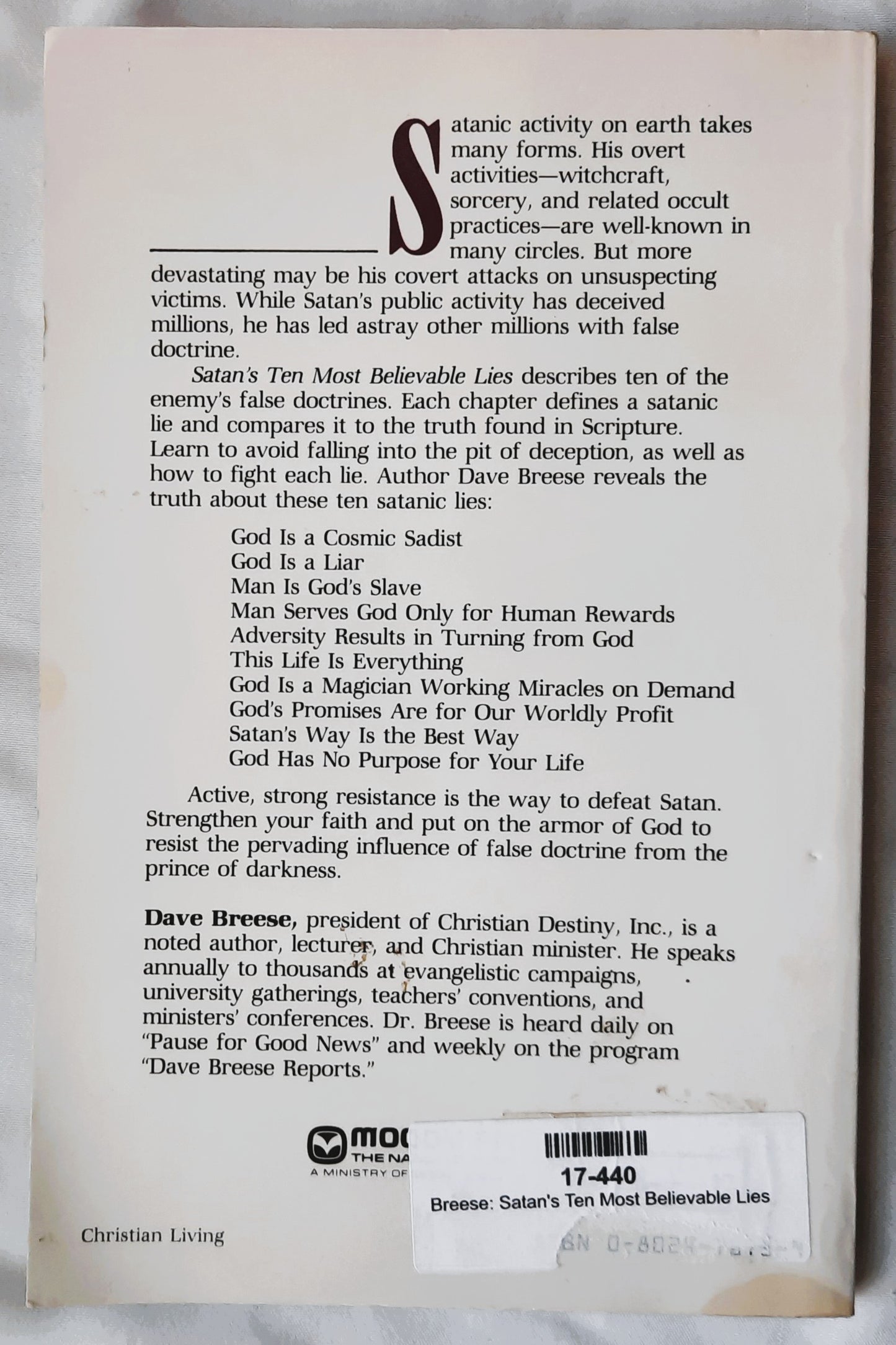 Satan's Ten Most Believable Lies by Dave Breese (Good, 1974, Pbk, 144 pages, Moody Press)