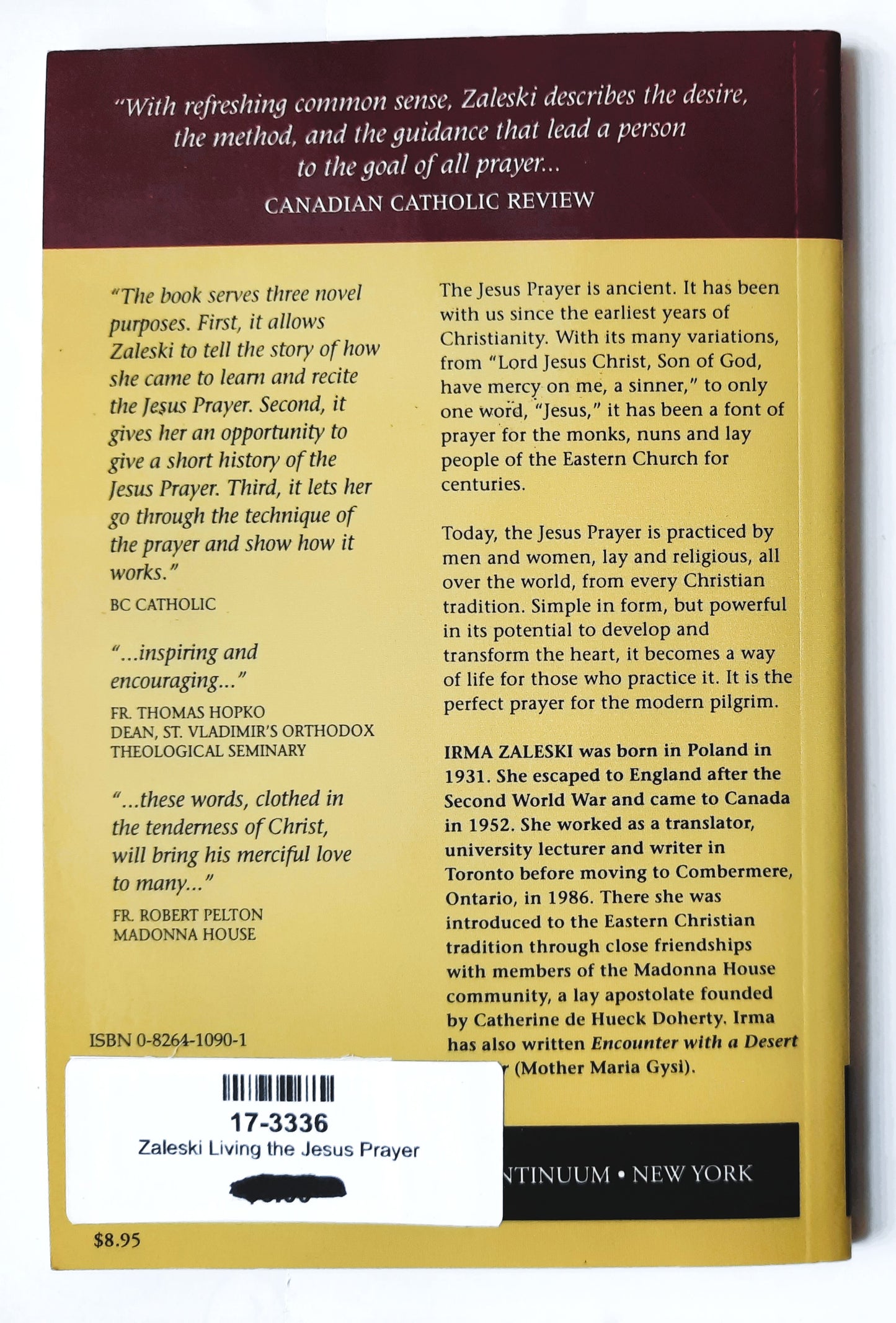 Living the Jesus Prayer by Irma Zaleski (Very good, 1998, Pbk, 64 pages, Continuum)