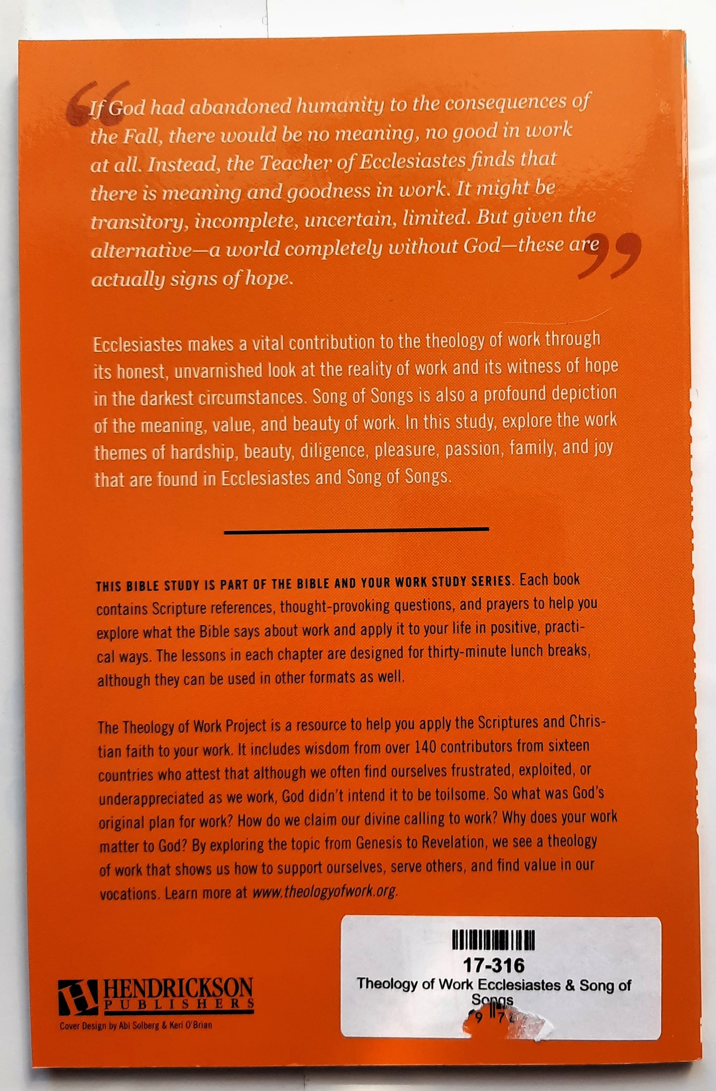 Theology of Work Ecclesiastes & Song of Songs (New, 2016, PBk, 75 pages, Hendrickson)