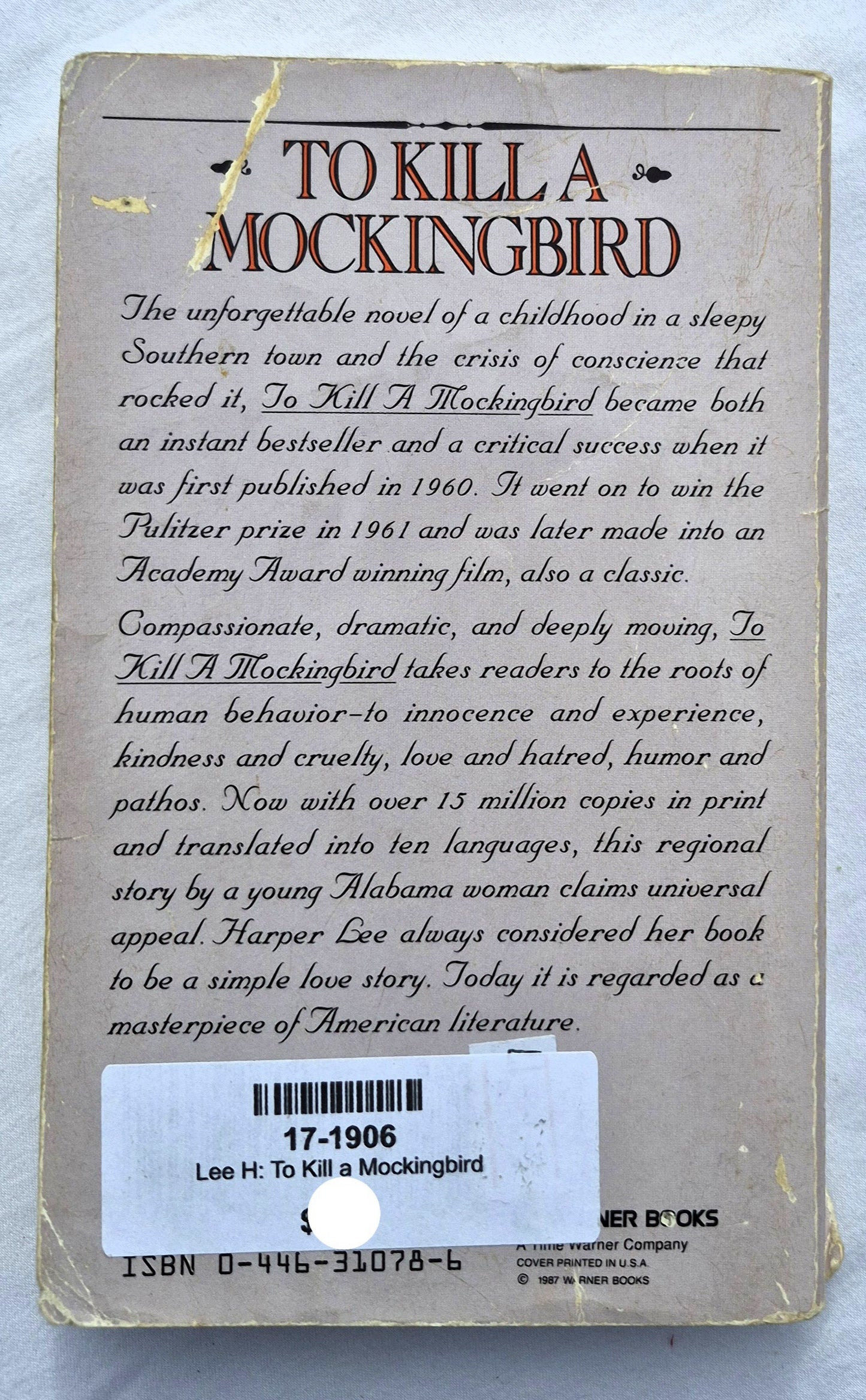 To Kill a Mockingbird by Harper Lee (Acceptable, 1982, Pbk, 281 pages, Warner Books)