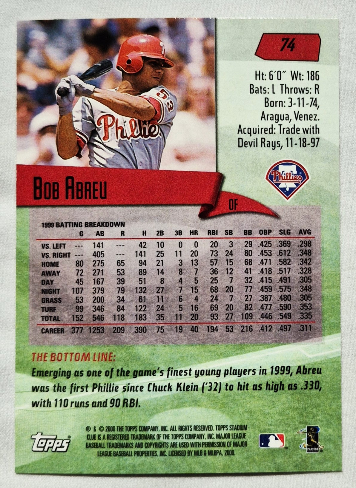 2000 Stadium Club Bob Abreu Philadelphia Phillies #74 Baseballkarte TOPPS