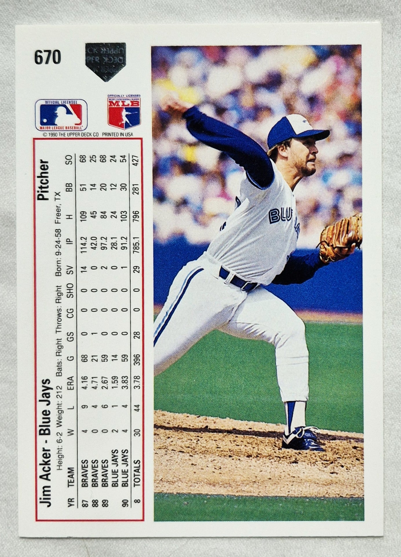 1991 Upper Deck #670 Jim Acker Toronto Blue Jays Baseballkarte (Sehr gut)