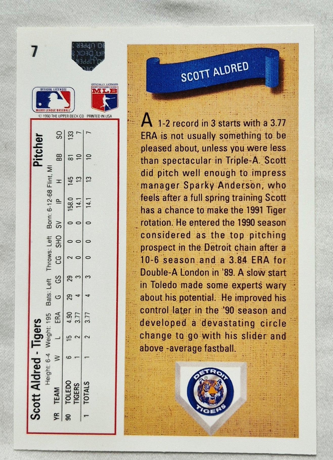 1991 Upper Deck Scott Aldred Detroit Tigers Pitcher #7 Baseballkarte (Sehr gut)