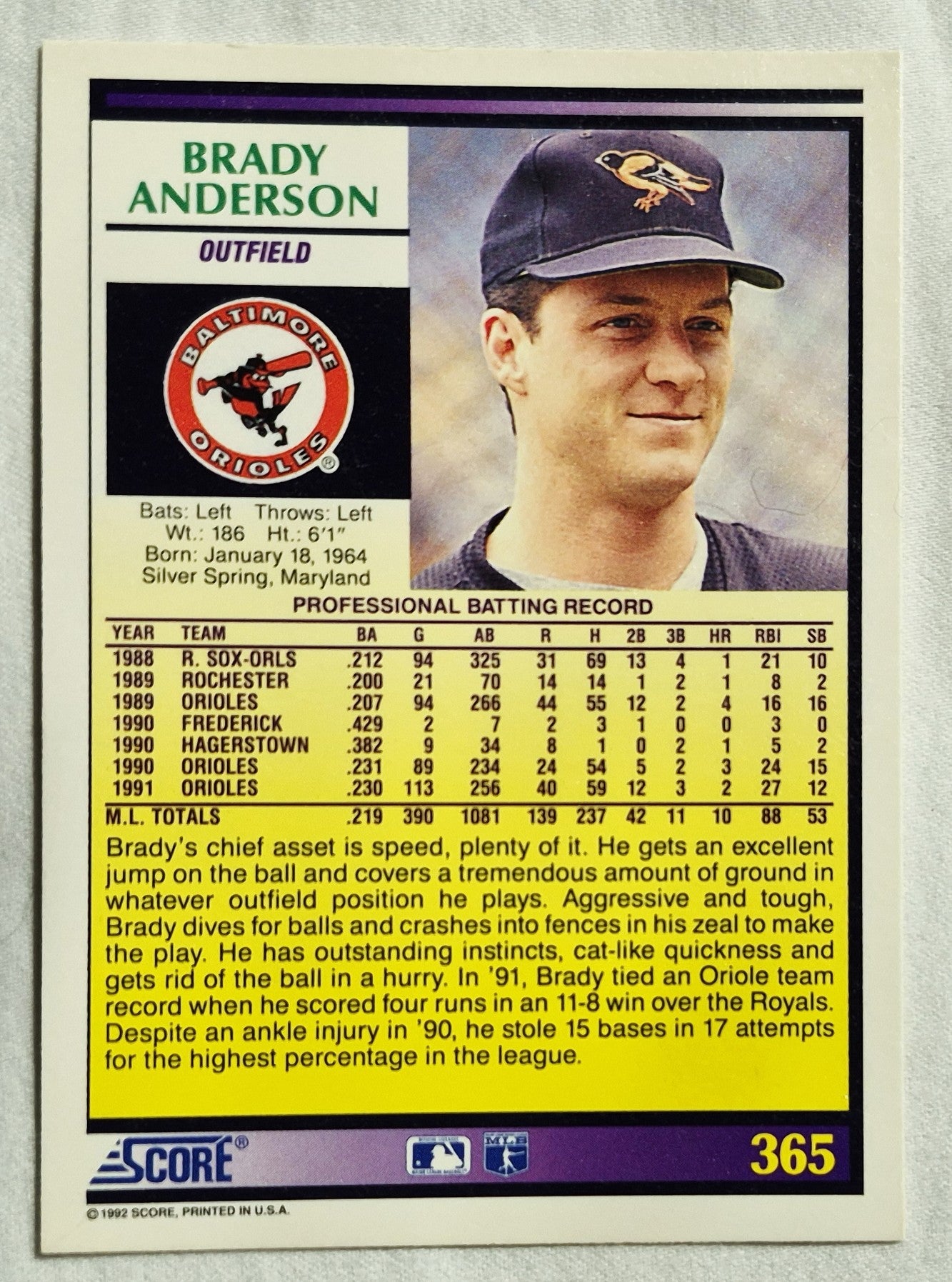 Bewertung: '92 Brady Anderson Baltimore Orioles Outfield #365 Baseballkarte (Exzellent)