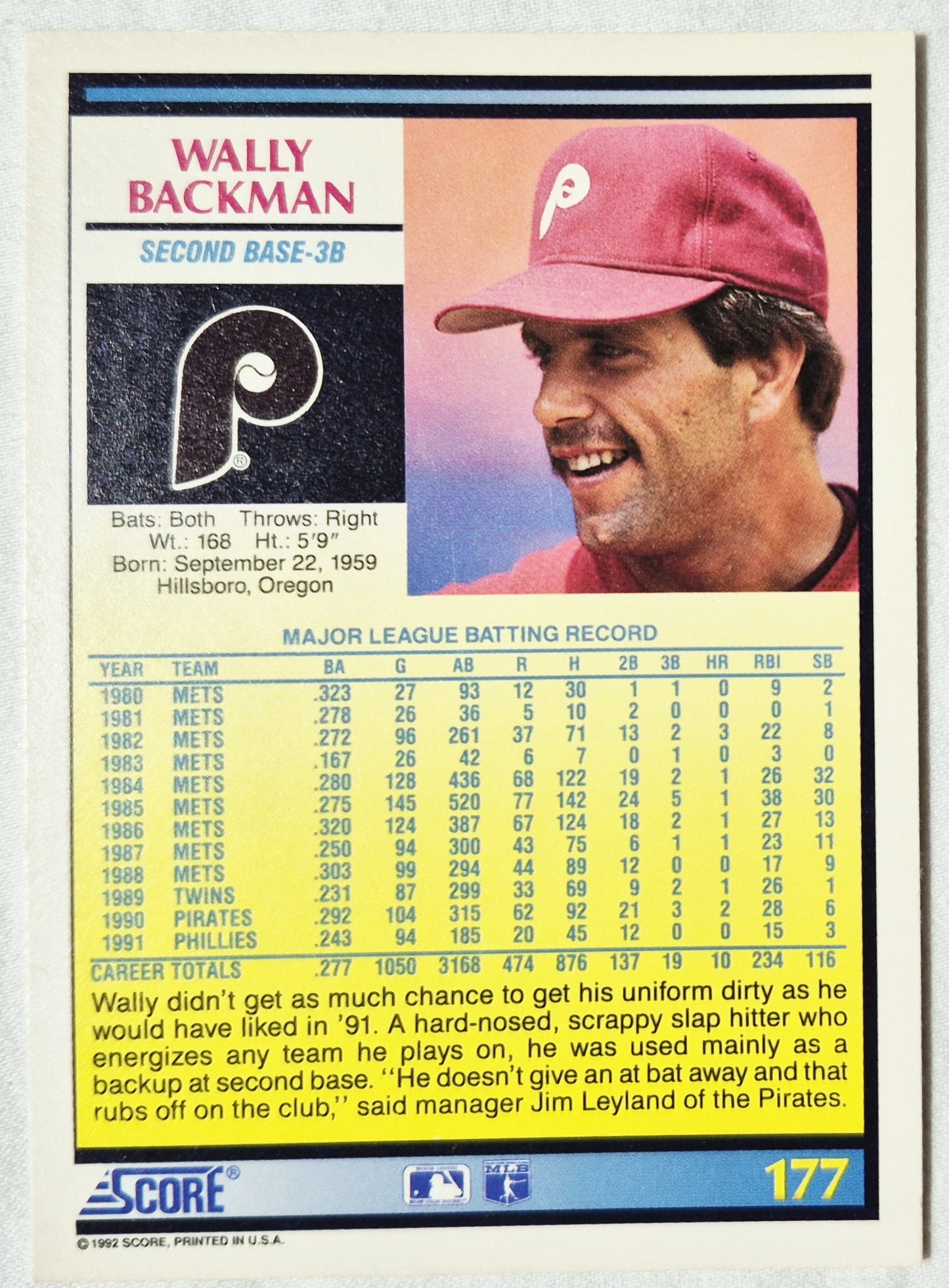 Wally Backman Pittsburgh Pirates 1992 Score #177 Baseballkarte (ausgezeichnet)