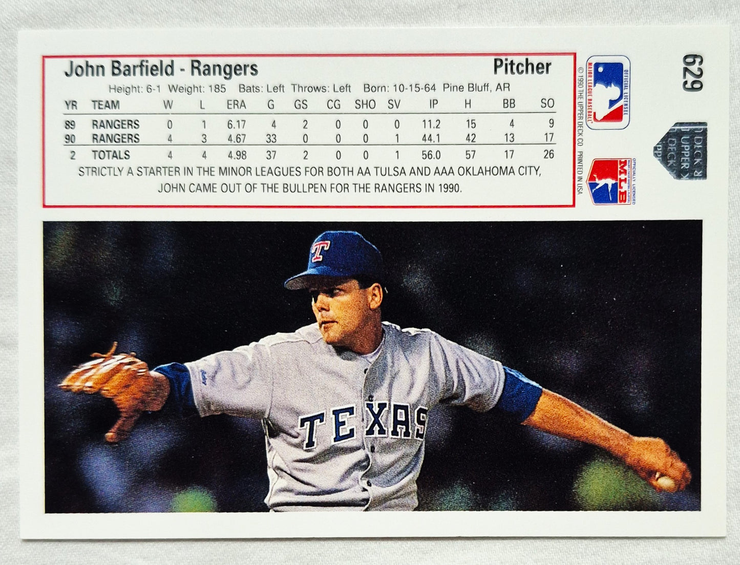 John Barfield Texas Rangers Pitcher 1991 Upper Deck #629 Baseballkarte (ausgezeichnet)