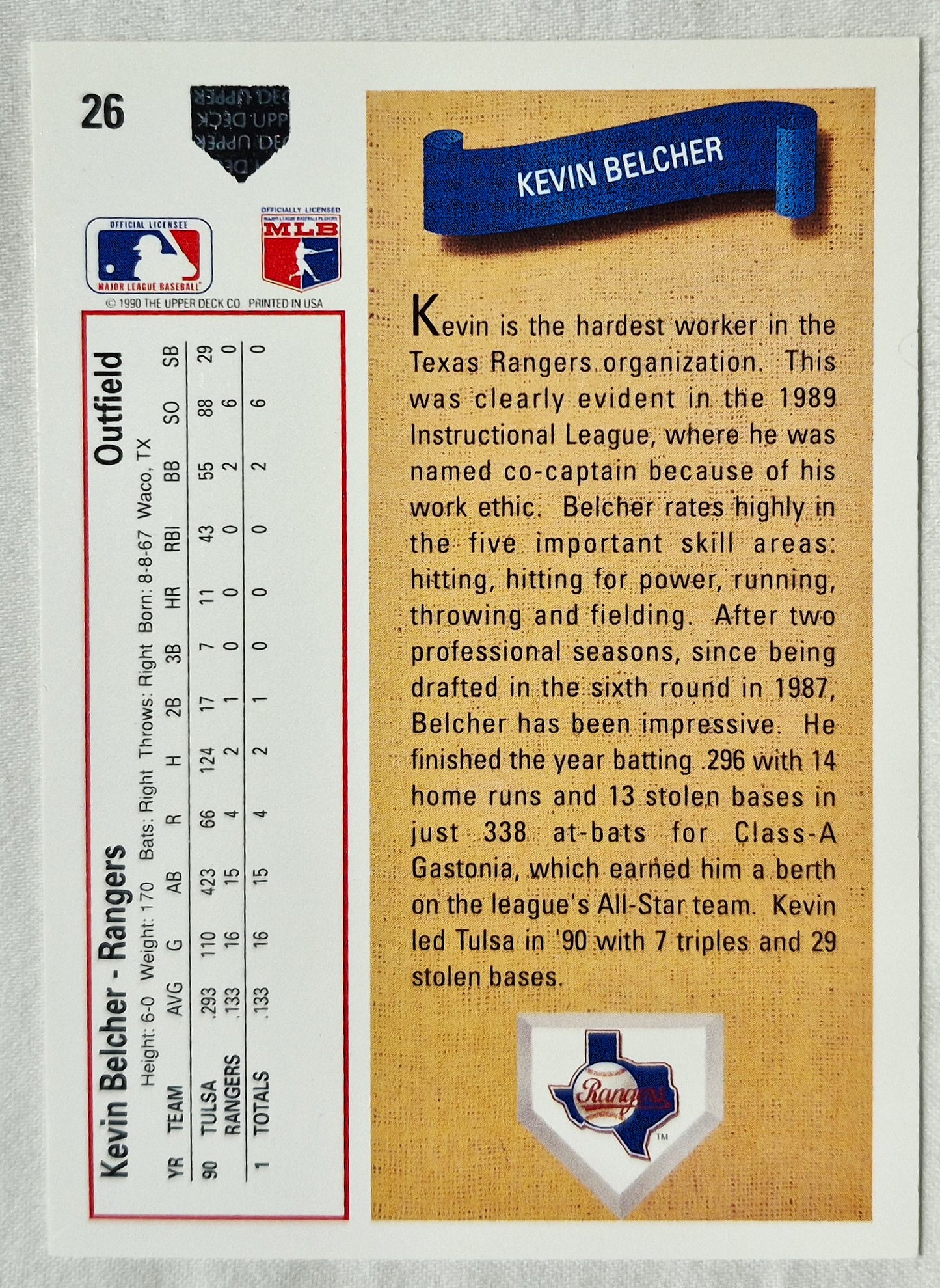 Kevin Belcher Texas Rangers Outfield 1991 Upper Deck #26 Baseballkarte (Exzellent)