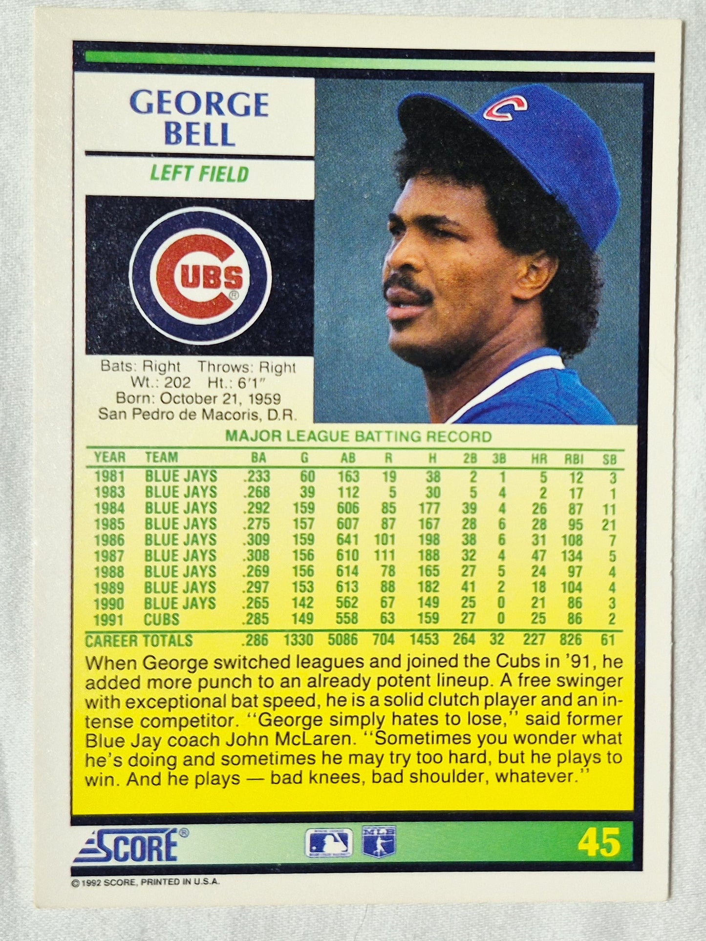 George Bell Chicago Cubs Left Field 1992 Score #45 Baseballkarte (Exzellent)