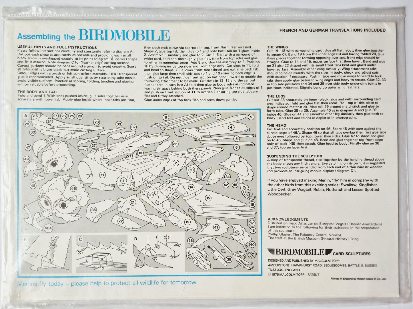 Birdmobile Card Sculpture Merlin designed by Malcolm Topp (New, 1976, Pbk, Robert Stace & Co.)