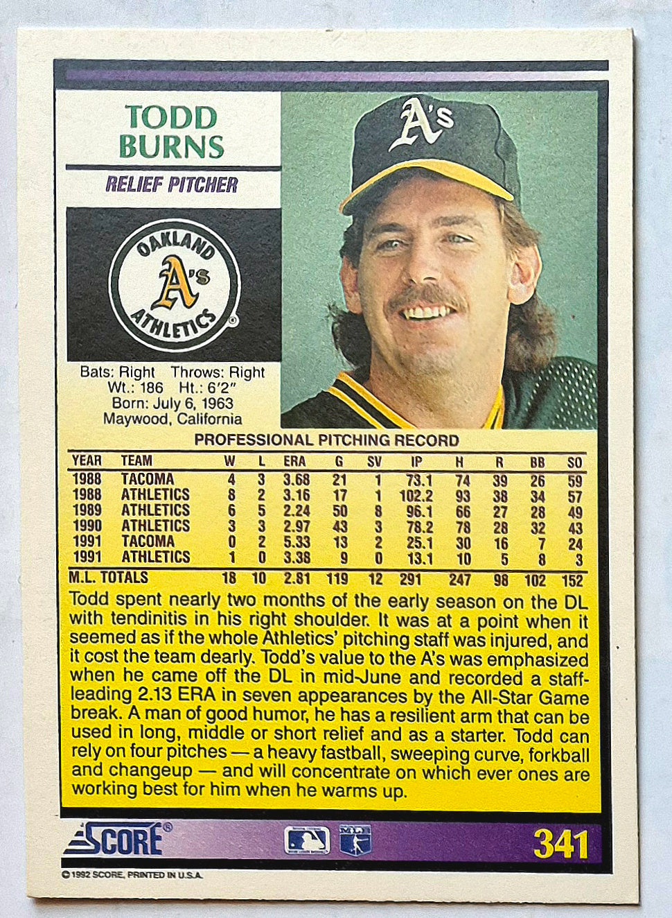 Burns Todd Oakland Athletics Relief Pitcher #341 1992 Score Baseball Card