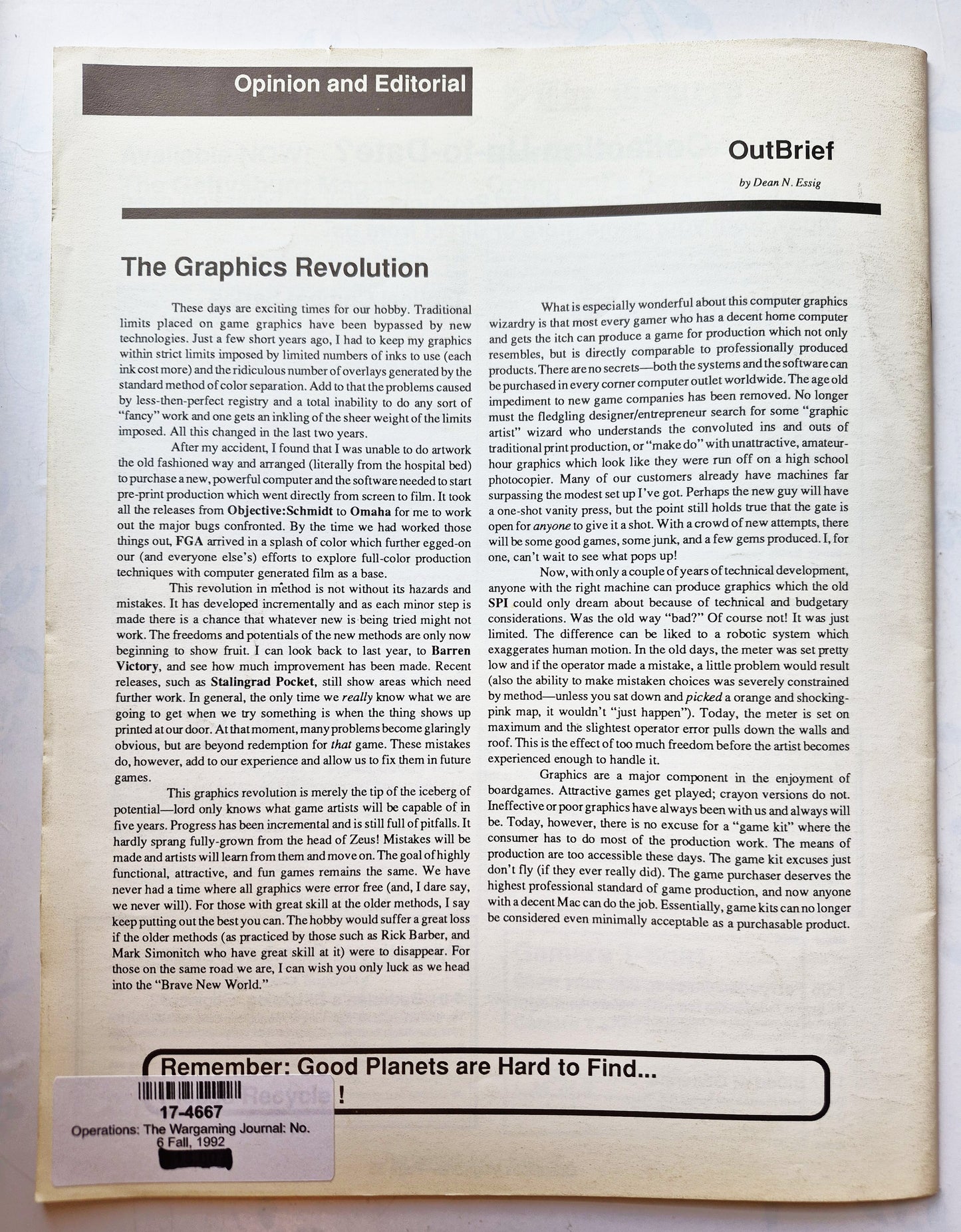 Operations: The Wargaming Journal: Number 6 Fall 1992 (Very good)