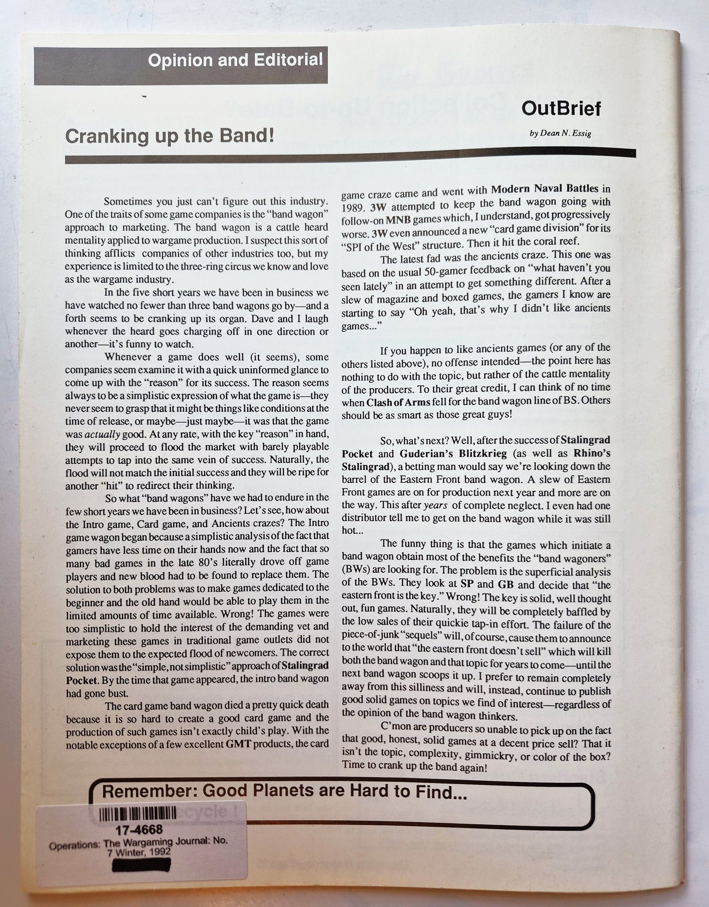 Operations: The Wargaming Journal: Number 7 Winter 1992 (Very good)