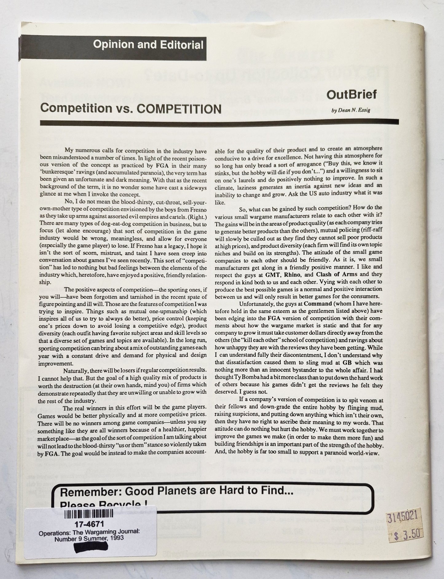 Operations: The Wargaming Journal: Number 9 Summer 1993 (Very good)