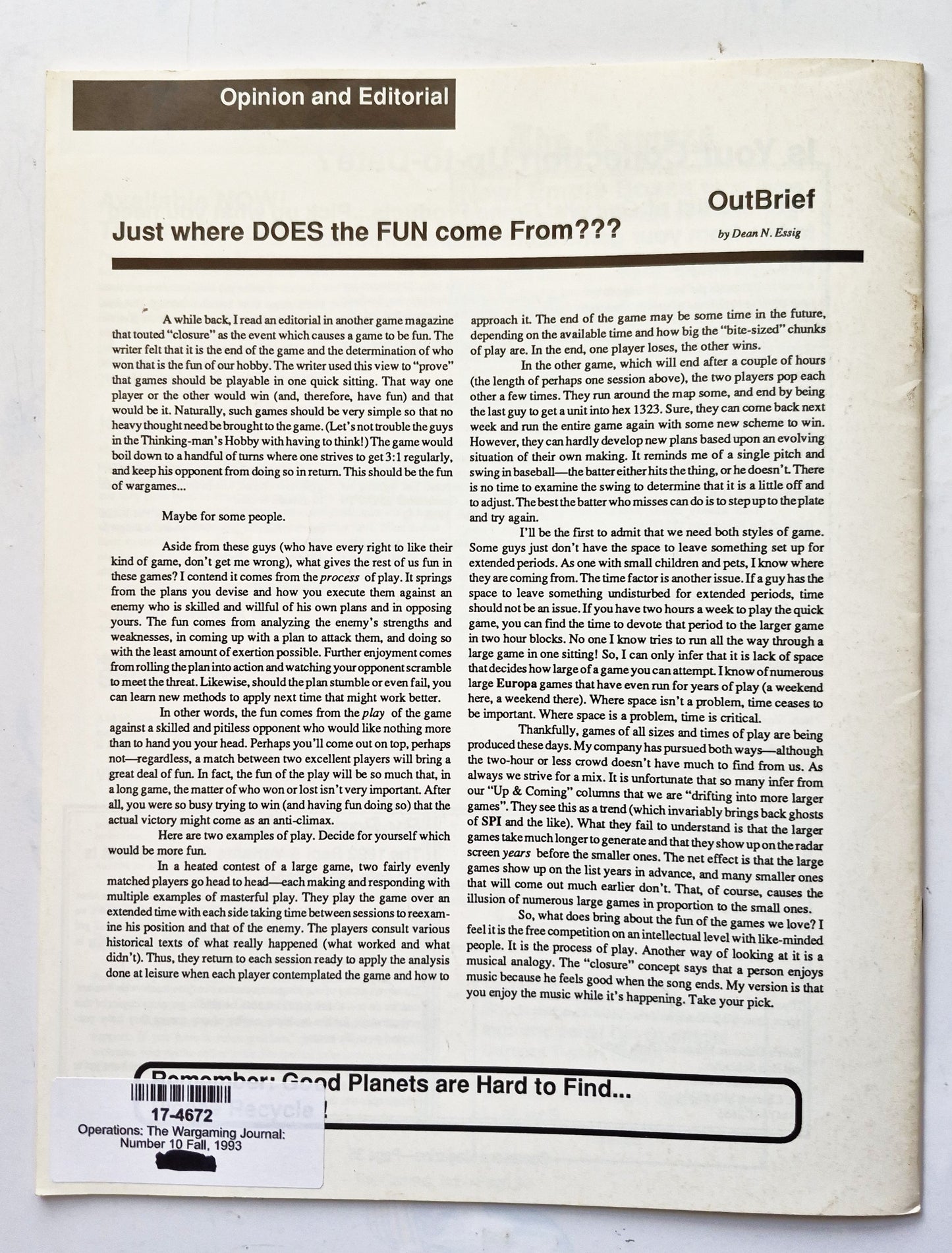 Operations: The Wargaming Journal: Number 10 Fall 1993 (Very good)