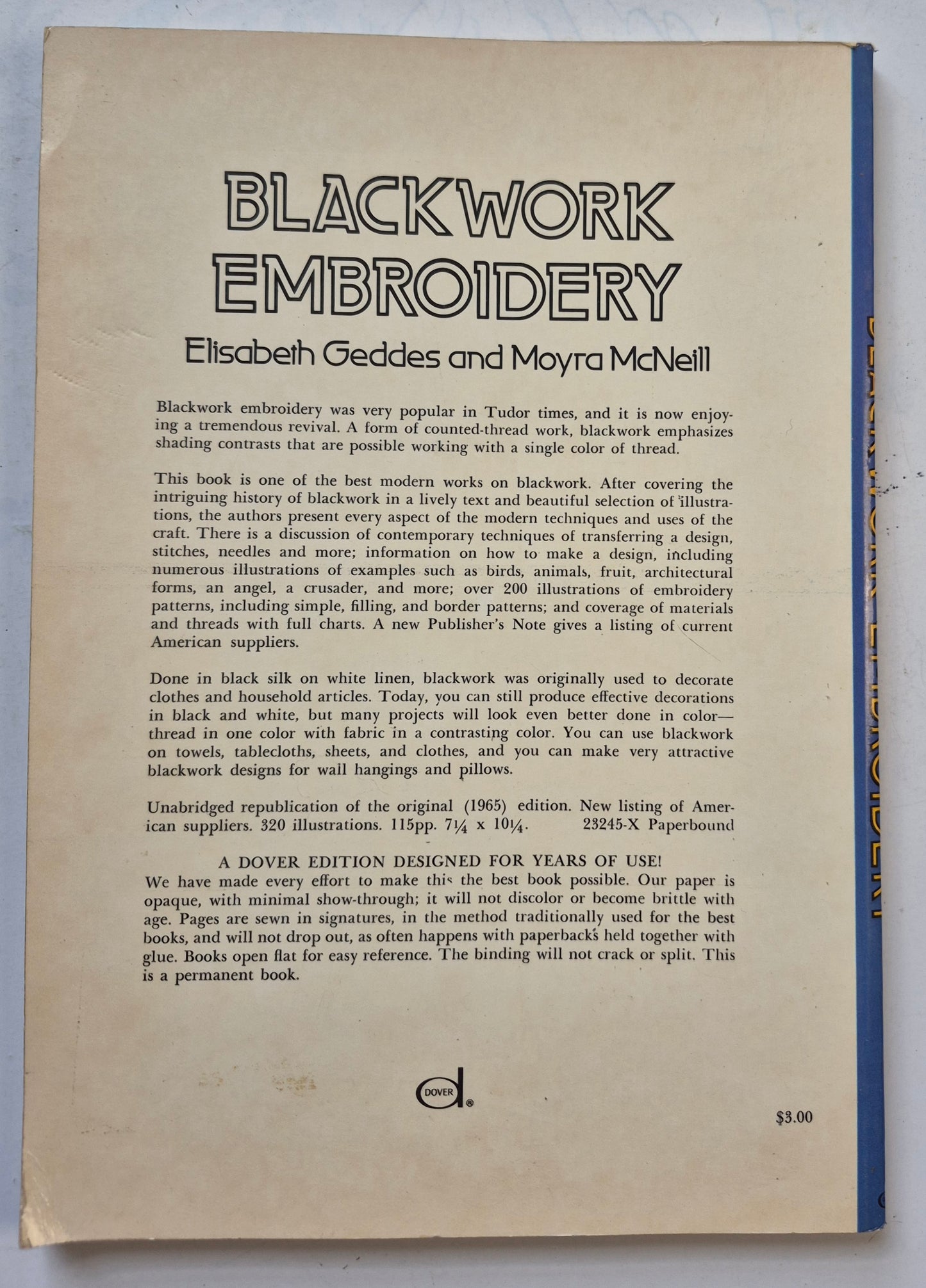 Blackwork Embroidery by Elisabeth Geddes; Moyra McNeill (Very Good, 1976, Pbk, 128 pgs, Dover Pub.)