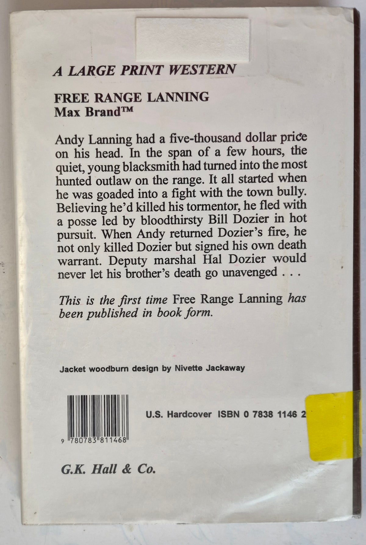Free Range Lanning by Max Brand (Good, 1995, HC, 287 pgs, G. K. Hall Large Print)