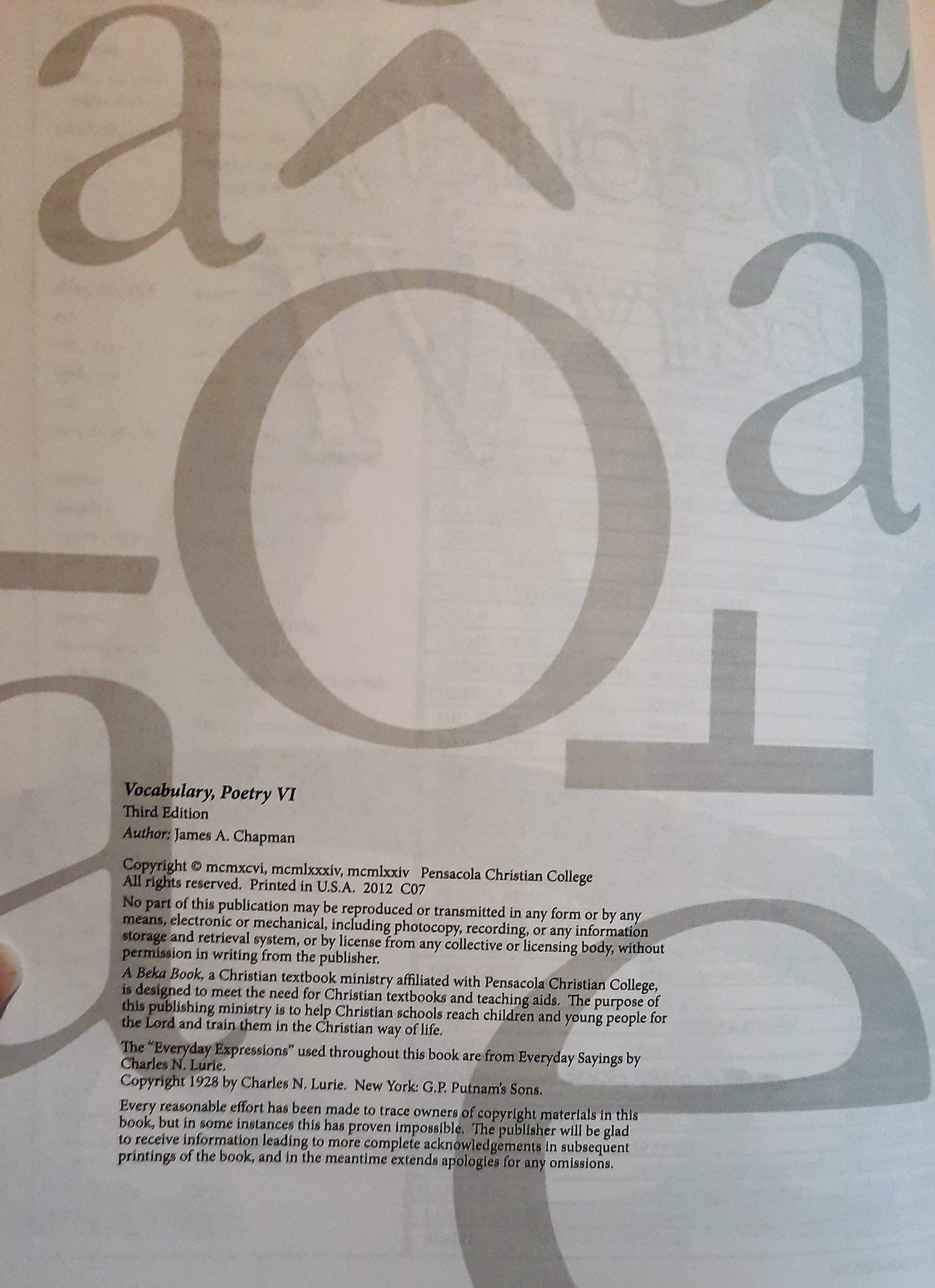 Abeka 12th grade Vocabulary Poetry VI Teacher Key 3rd Ed. (Very good, 2012); Quiz Key (Very good, 2006)