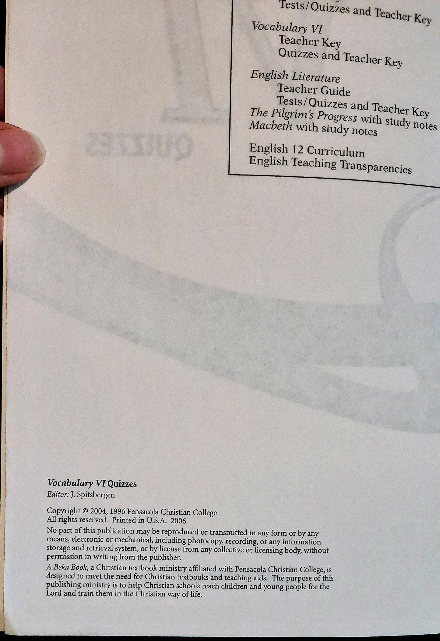 Abeka 12th grade Vocabulary Poetry VI Teacher Key 3rd Ed. (Very good, 2012); Quiz Key (Very good, 2006)