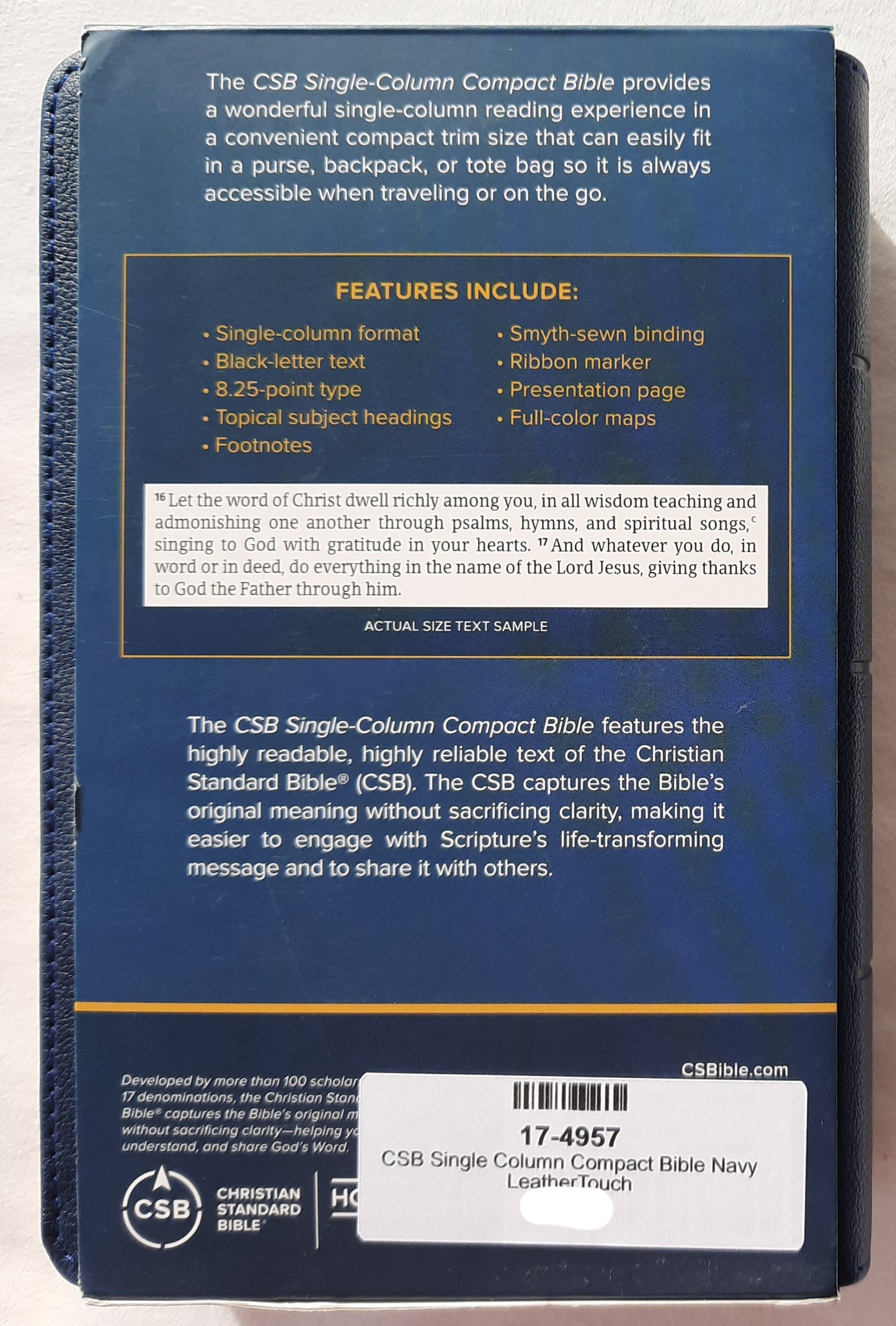 CSB Single Column Compact Bible (New, 2020, Navy Leathertouch, 1920 pages, Holman)