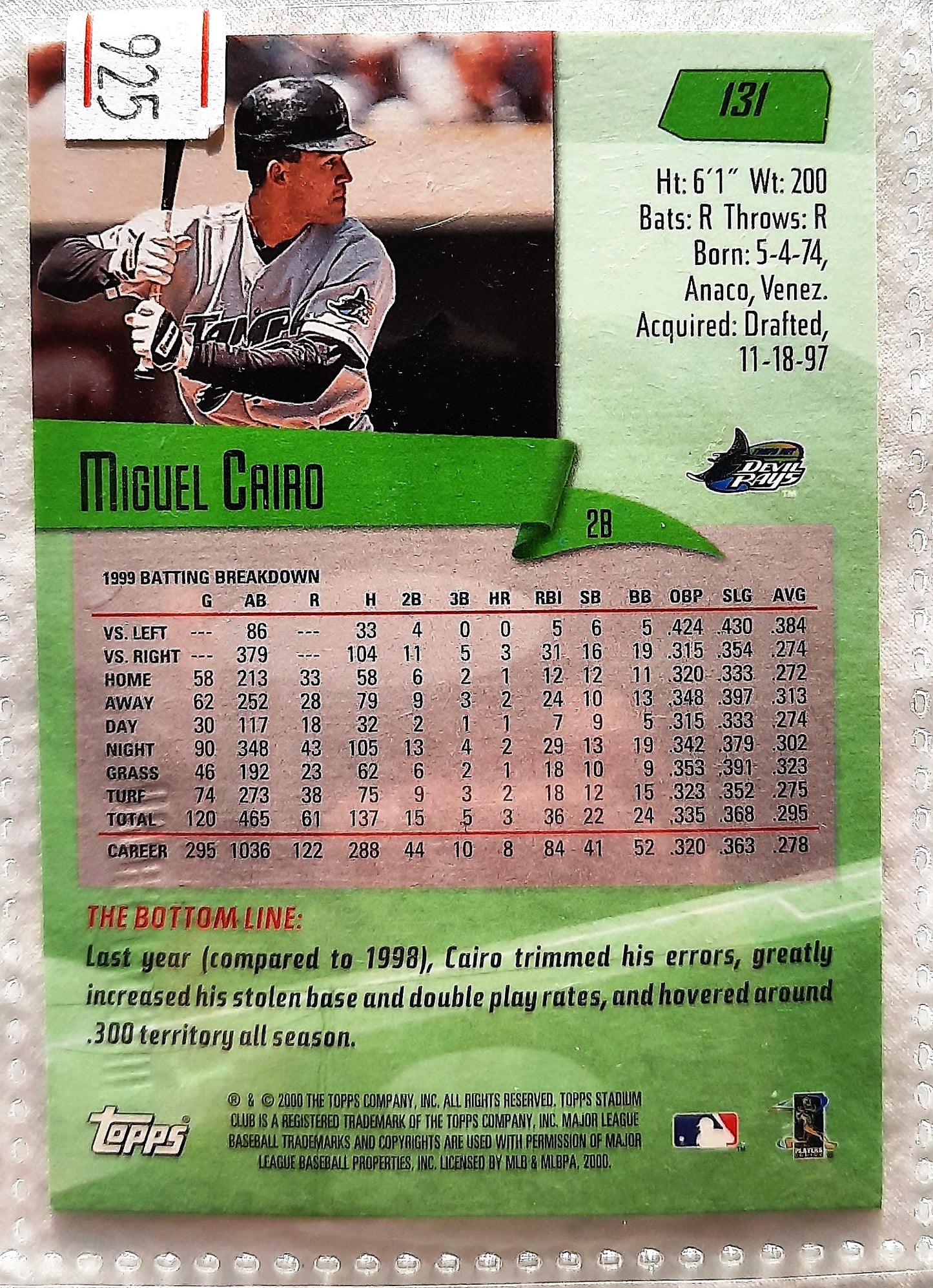TOPPS 2000 Stadium Club Miguel Cairo Tampa Bay Devil Rays #131 Baseball Card TOPPS