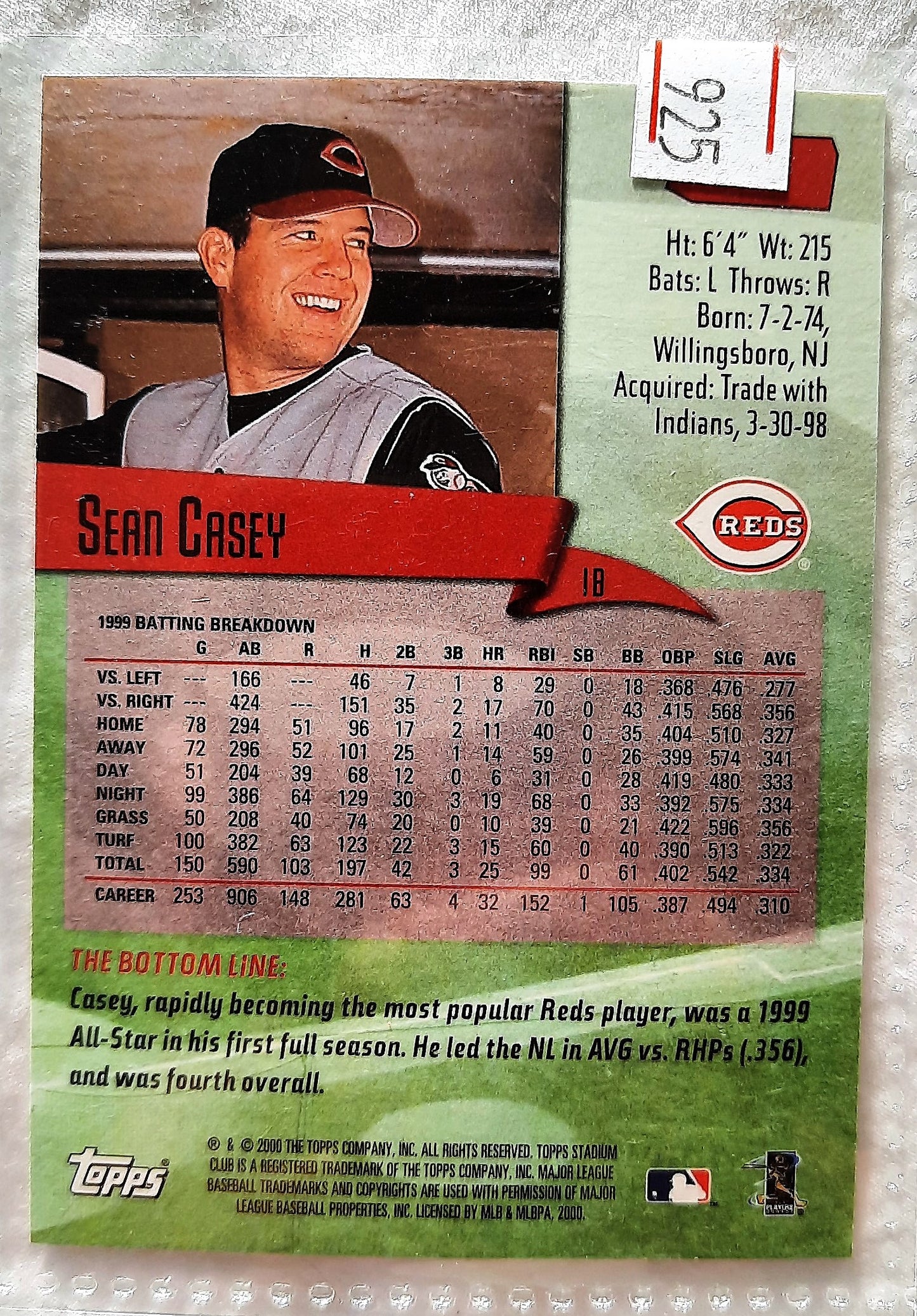 TOPPS 2000 Stadium Club Sean Casey Cincinnati Reds #11 Baseball Card TOPPS Mint Cond.