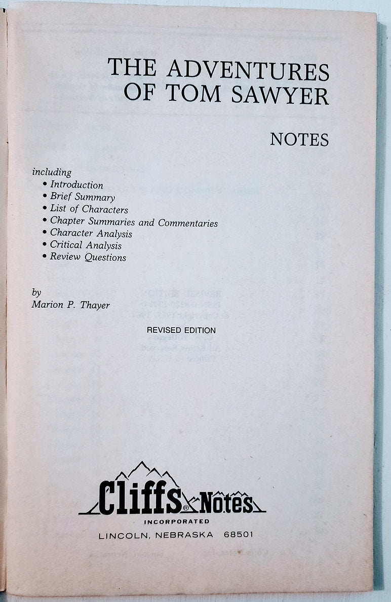 The Adventures of Tom Sawyer by Mark Twain (Good, 1967, Pbk, 88 pages, Cliffs Notes)